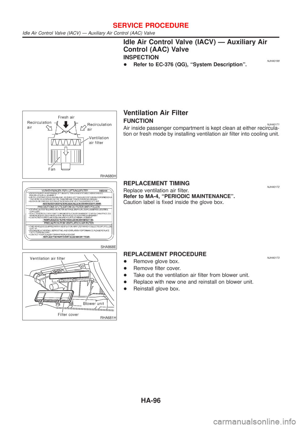 NISSAN ALMERA 2001 Service Manual Idle Air Control Valve (IACV) Ð Auxiliary Air
Control (AAC) Valve
INSPECTIONNJHA0199+Refer to EC-376 (QG), ªSystem Descriptionº.
RHA680H
Ventilation Air Filter
FUNCTIONNJHA0171Air inside passenger NISSAN ALMERA 2001 Service Manual Idle Air Control Valve (IACV) Ð Auxiliary Air
Control (AAC) Valve
INSPECTIONNJHA0199+Refer to EC-376 (QG), ªSystem Descriptionº.
RHA680H
Ventilation Air Filter
FUNCTIONNJHA0171Air inside passenger
