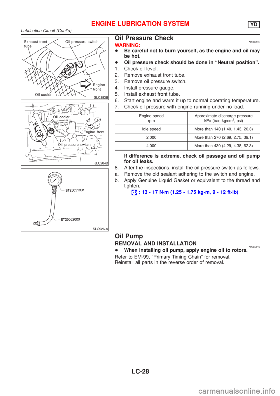 NISSAN ALMERA 2001 Service Manual SLC283B
JLC284B
SLC926-A
Oil Pressure CheckNJLC0042WARNING:
+Be careful not to burn yourself, as the engine and oil may
be hot.
+Oil pressure check should be done in ªNeutral positionº.
1. Check oil NISSAN ALMERA 2001 Service Manual SLC283B
JLC284B
SLC926-A
Oil Pressure CheckNJLC0042WARNING:
+Be careful not to burn yourself, as the engine and oil may
be hot.
+Oil pressure check should be done in ªNeutral positionº.
1. Check oil