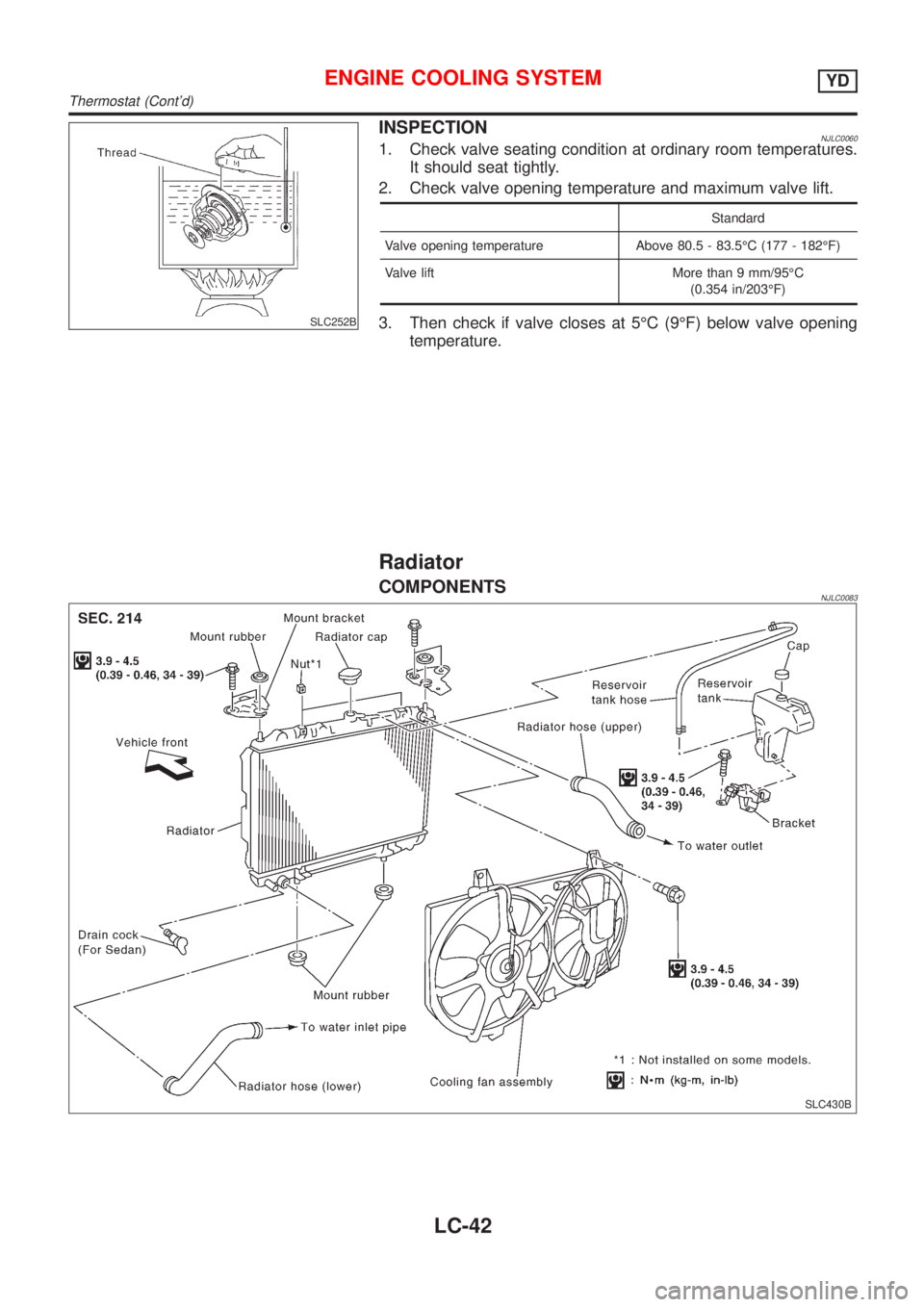 NISSAN ALMERA 2001 Service Manual SLC252B
INSPECTIONNJLC00601. Check valve seating condition at ordinary room temperatures.
It should seat tightly.
2. Check valve opening temperature and maximum valve lift.
Standard
Valve opening temp NISSAN ALMERA 2001 Service Manual SLC252B
INSPECTIONNJLC00601. Check valve seating condition at ordinary room temperatures.
It should seat tightly.
2. Check valve opening temperature and maximum valve lift.
Standard
Valve opening temp