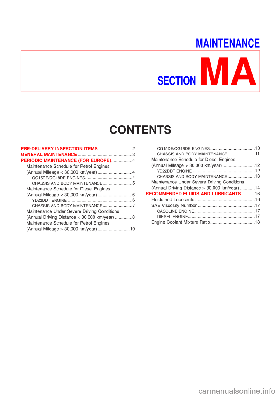 NISSAN ALMERA 2001  Service Manual MAINTENANCE
SECTION
MA
CONTENTS
PRE-DELIVERY INSPECTION ITEMS............................2
GENERAL MAINTENANCE............................................3
PERIODIC MAINTENANCE (FOR EUROPE)...........
