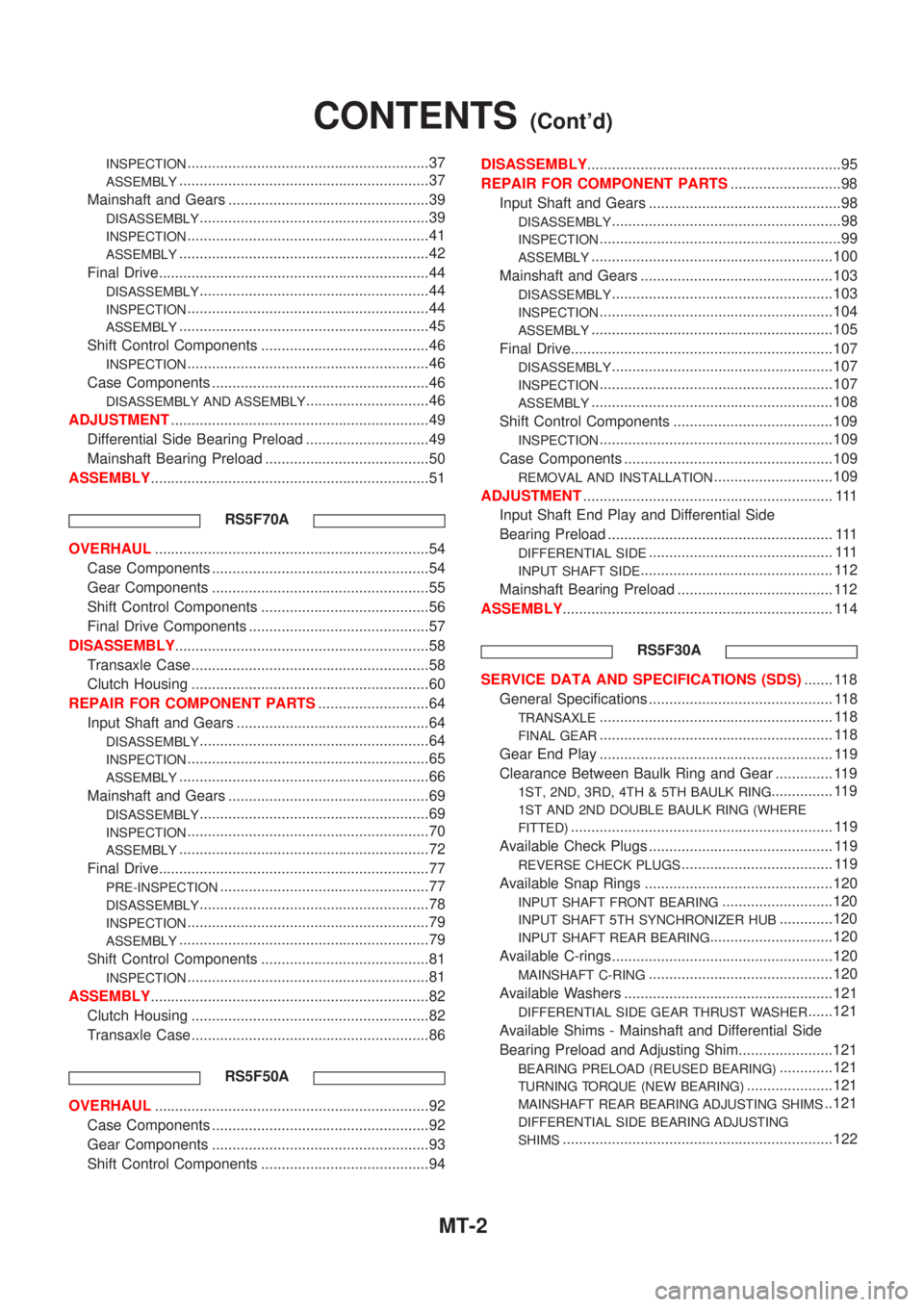 NISSAN ALMERA 2001  Service Manual INSPECTION...........................................................37
ASSEMBLY.............................................................37
Mainshaft and Gears ....................................