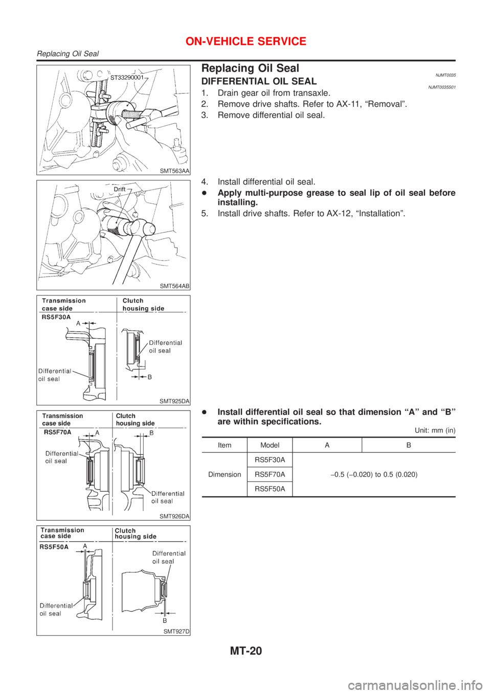 NISSAN ALMERA 2001  Service Manual SMT563AA
Replacing Oil SealNJMT0035DIFFERENTIAL OIL SEALNJMT0035S011. Drain gear oil from transaxle.
2. Remove drive shafts. Refer to AX-11, ªRemovalº.
3. Remove differential oil seal.
SMT564AB
SMT9