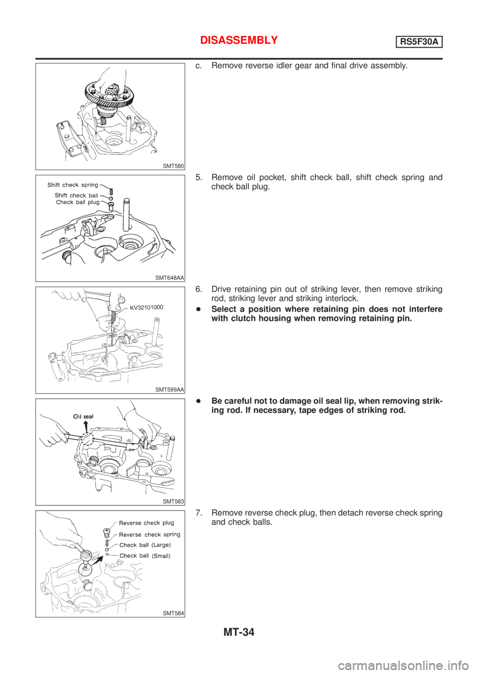 NISSAN ALMERA 2001  Service Manual SMT580
c. Remove reverse idler gear and final drive assembly.
SMT648AA
5. Remove oil pocket, shift check ball, shift check spring and
check ball plug.
SMT599AA
6. Drive retaining pin out of striking l