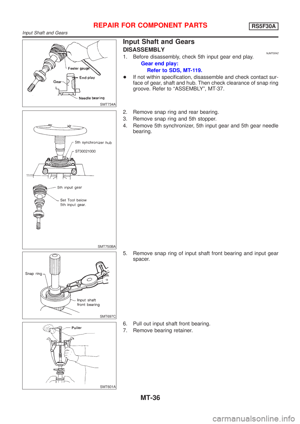 NISSAN ALMERA 2001  Service Manual SMT734A
Input Shaft and Gears
DISASSEMBLYNJMT00421. Before disassembly, check 5th input gear end play.
Gear end play:
Refer to SDS, MT-119.
+If not within specification, disassemble and check contact 