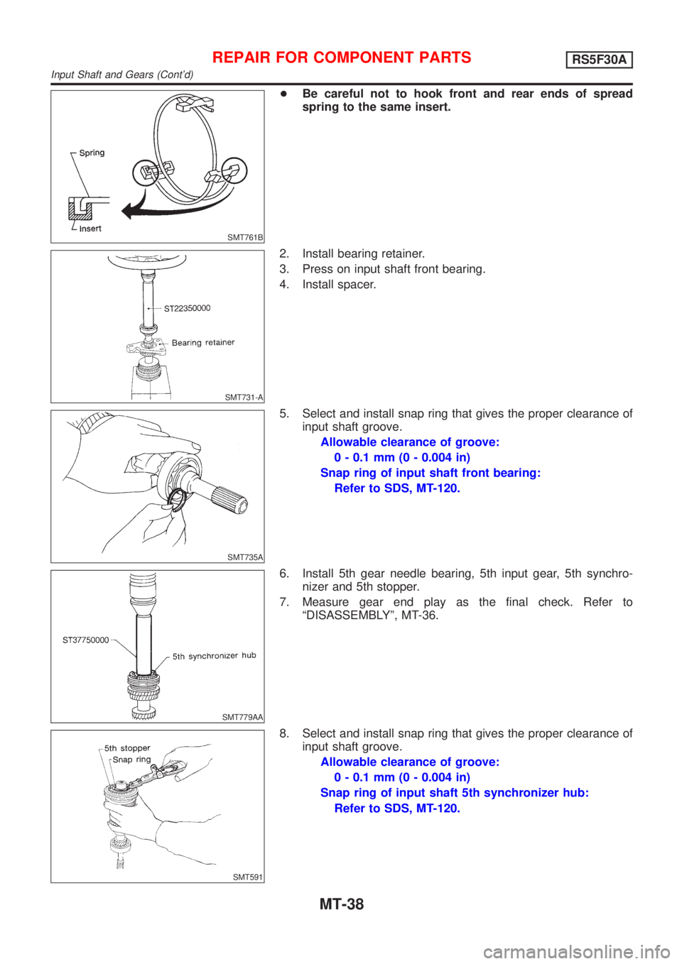NISSAN ALMERA 2001  Service Manual SMT761B
+Be careful not to hook front and rear ends of spread
spring to the same insert.
SMT731-A
2. Install bearing retainer.
3. Press on input shaft front bearing.
4. Install spacer.
SMT735A
5. Sele