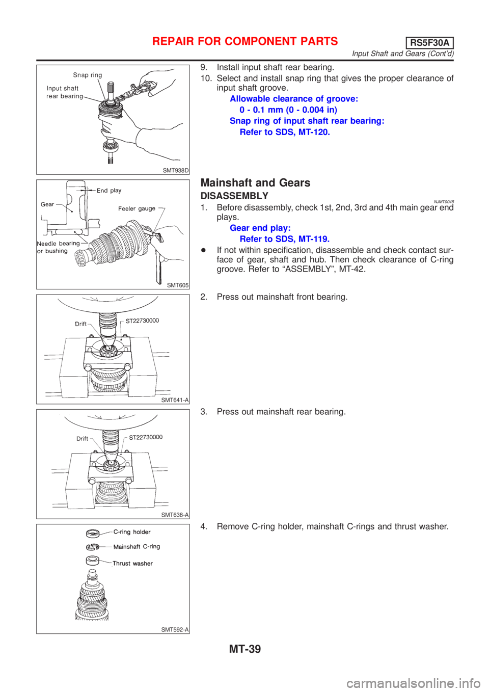 NISSAN ALMERA 2001  Service Manual SMT938D
9. Install input shaft rear bearing.
10. Select and install snap ring that gives the proper clearance of
input shaft groove.
Allowable clearance of groove:
0 - 0.1 mm (0 - 0.004 in)
Snap ring 