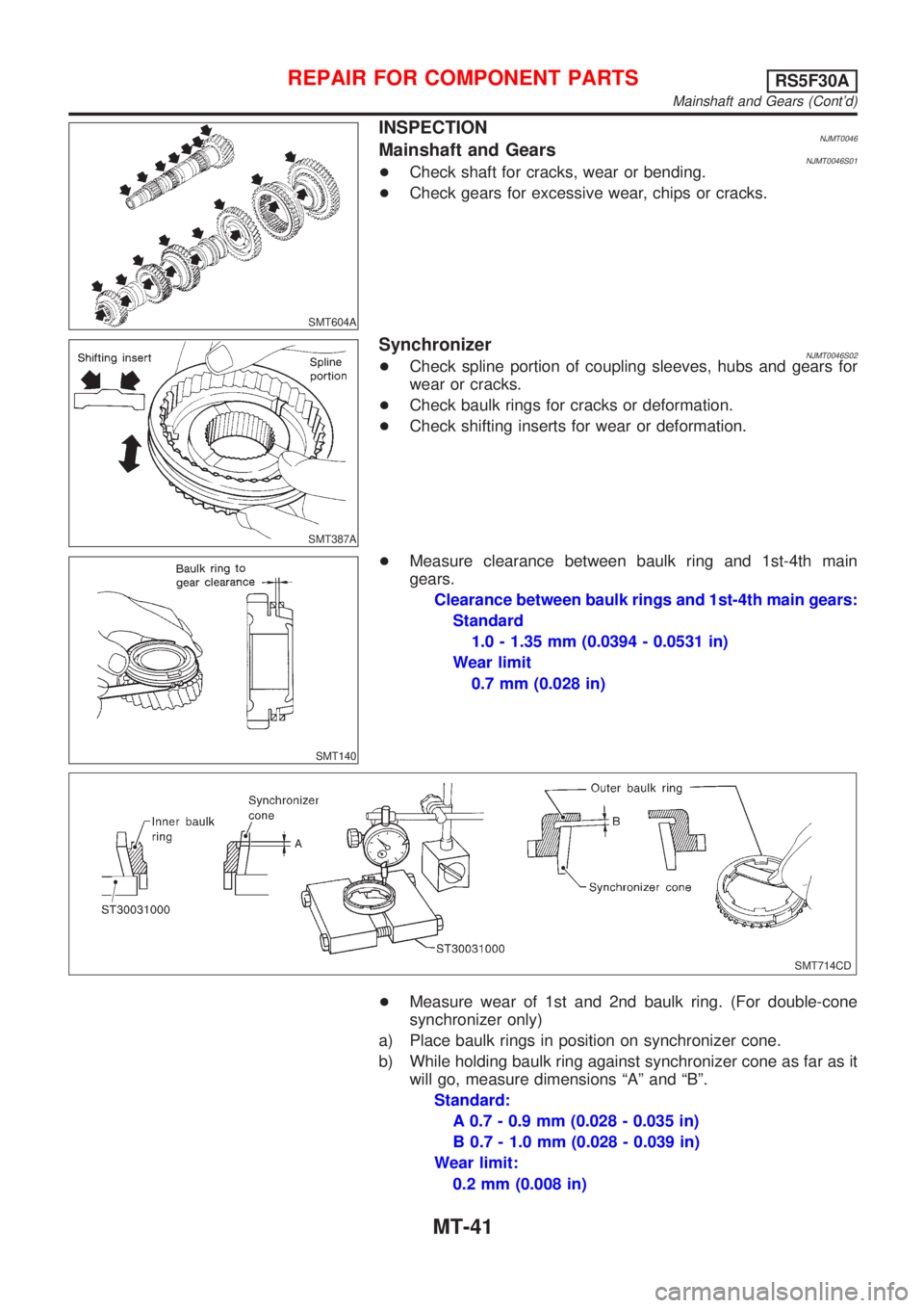 NISSAN ALMERA 2001  Service Manual SMT604A
INSPECTIONNJMT0046Mainshaft and GearsNJMT0046S01+Check shaft for cracks, wear or bending.
+Check gears for excessive wear, chips or cracks.
SMT387A
SynchronizerNJMT0046S02+Check spline portion