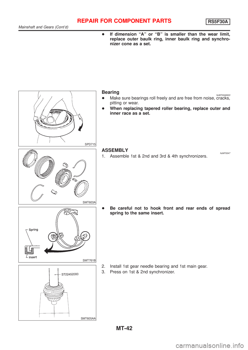 NISSAN ALMERA 2001  Service Manual +If dimension ªAº or ªBº is smaller than the wear limit,
replace outer baulk ring, inner baulk ring and synchro-
nizer cone as a set.
SPD715
BearingNJMT0046S03+Make sure bearings roll freely and a