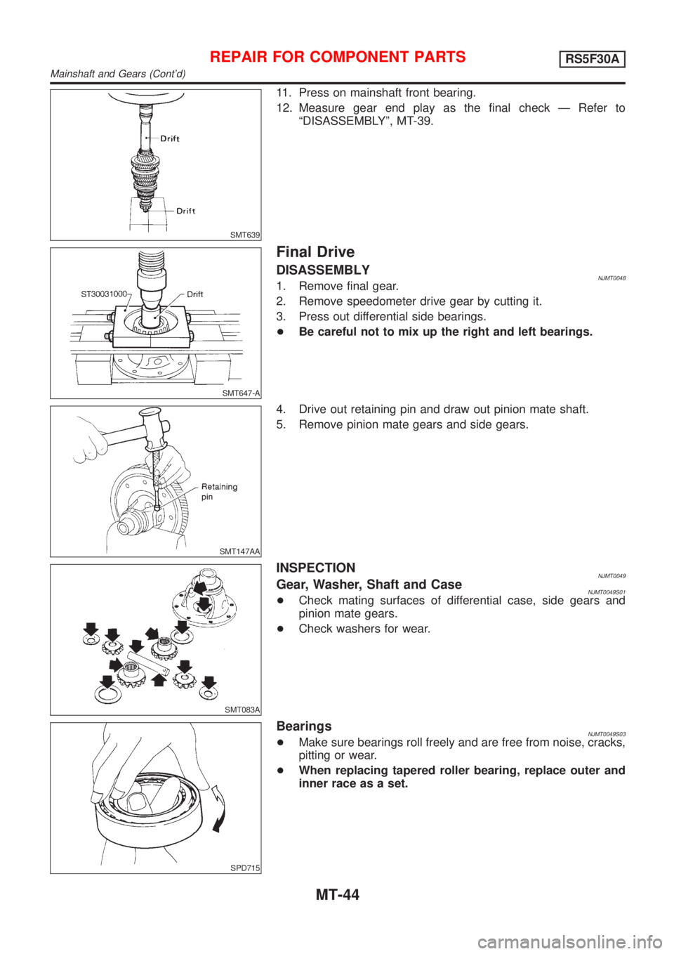 NISSAN ALMERA 2001  Service Manual SMT639
11. Press on mainshaft front bearing.
12. Measure gear end play as the final check Ð Refer to
ªDISASSEMBLYº, MT-39.
SMT647-A
Final Drive
DISASSEMBLYNJMT00481. Remove final gear.
2. Remove sp