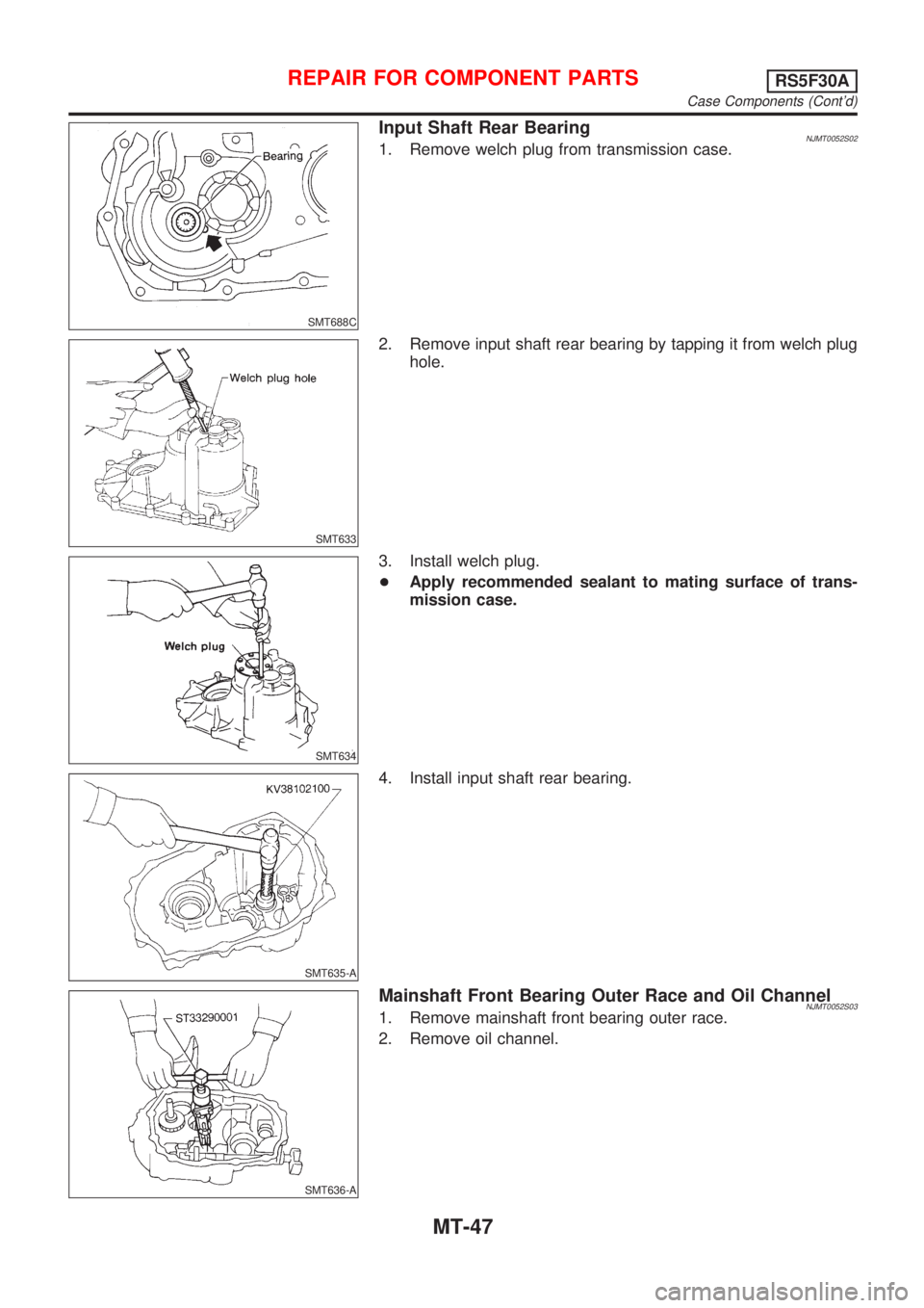 NISSAN ALMERA 2001  Service Manual SMT688C
Input Shaft Rear BearingNJMT0052S021. Remove welch plug from transmission case.
SMT633
2. Remove input shaft rear bearing by tapping it from welch plug
hole.
SMT634
3. Install welch plug.
+App