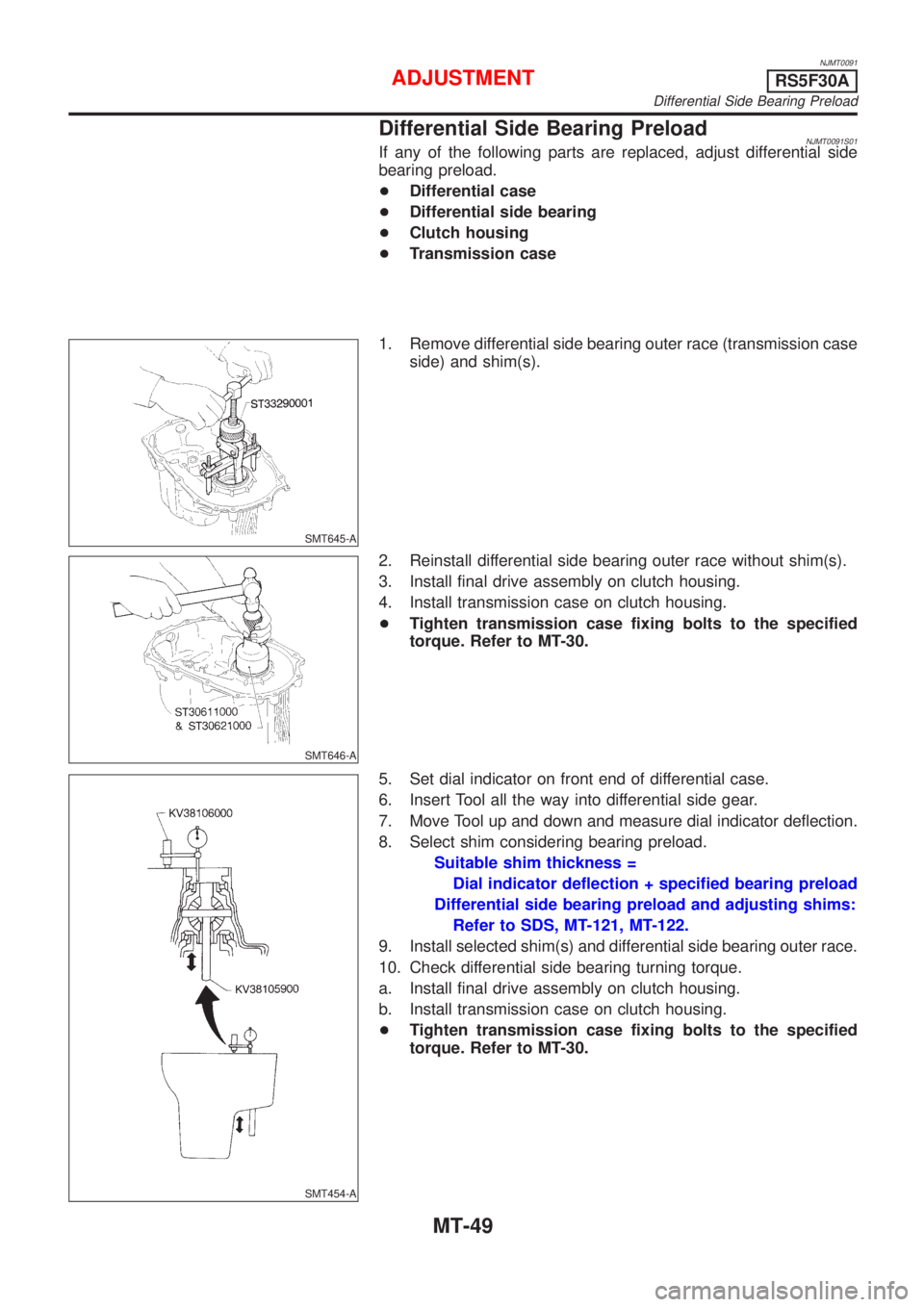NISSAN ALMERA 2001 Service Manual NJMT0091
Differential Side Bearing PreloadNJMT0091S01If any of the following parts are replaced, adjust differential side
bearing preload.
+Differential case
+Differential side bearing
+Clutch housing NISSAN ALMERA 2001 Service Manual NJMT0091
Differential Side Bearing PreloadNJMT0091S01If any of the following parts are replaced, adjust differential side
bearing preload.
+Differential case
+Differential side bearing
+Clutch housing