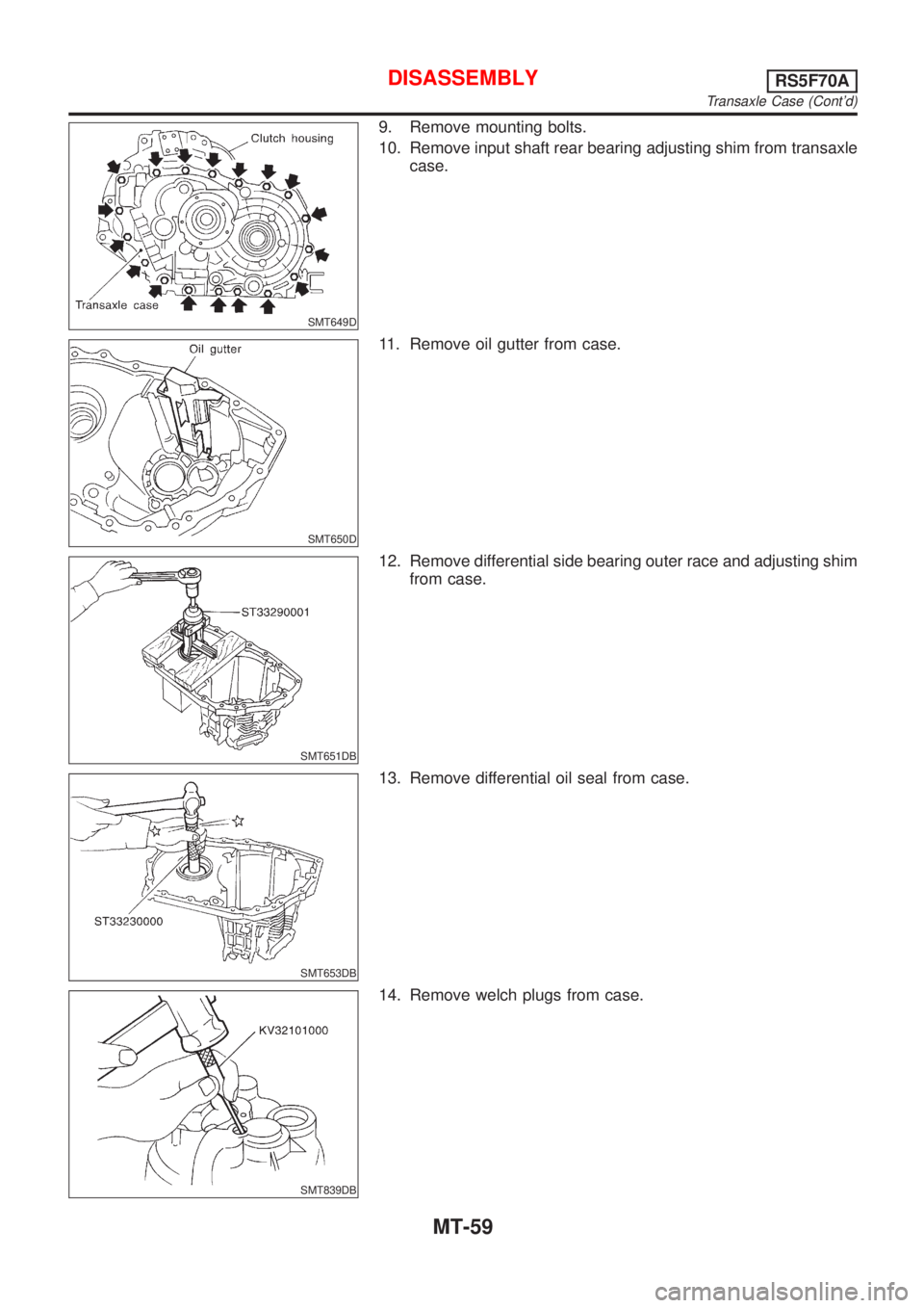 NISSAN ALMERA 2001  Service Manual SMT649D
9. Remove mounting bolts.
10. Remove input shaft rear bearing adjusting shim from transaxle
case.
SMT650D
11. Remove oil gutter from case.
SMT651DB
12. Remove differential side bearing outer r