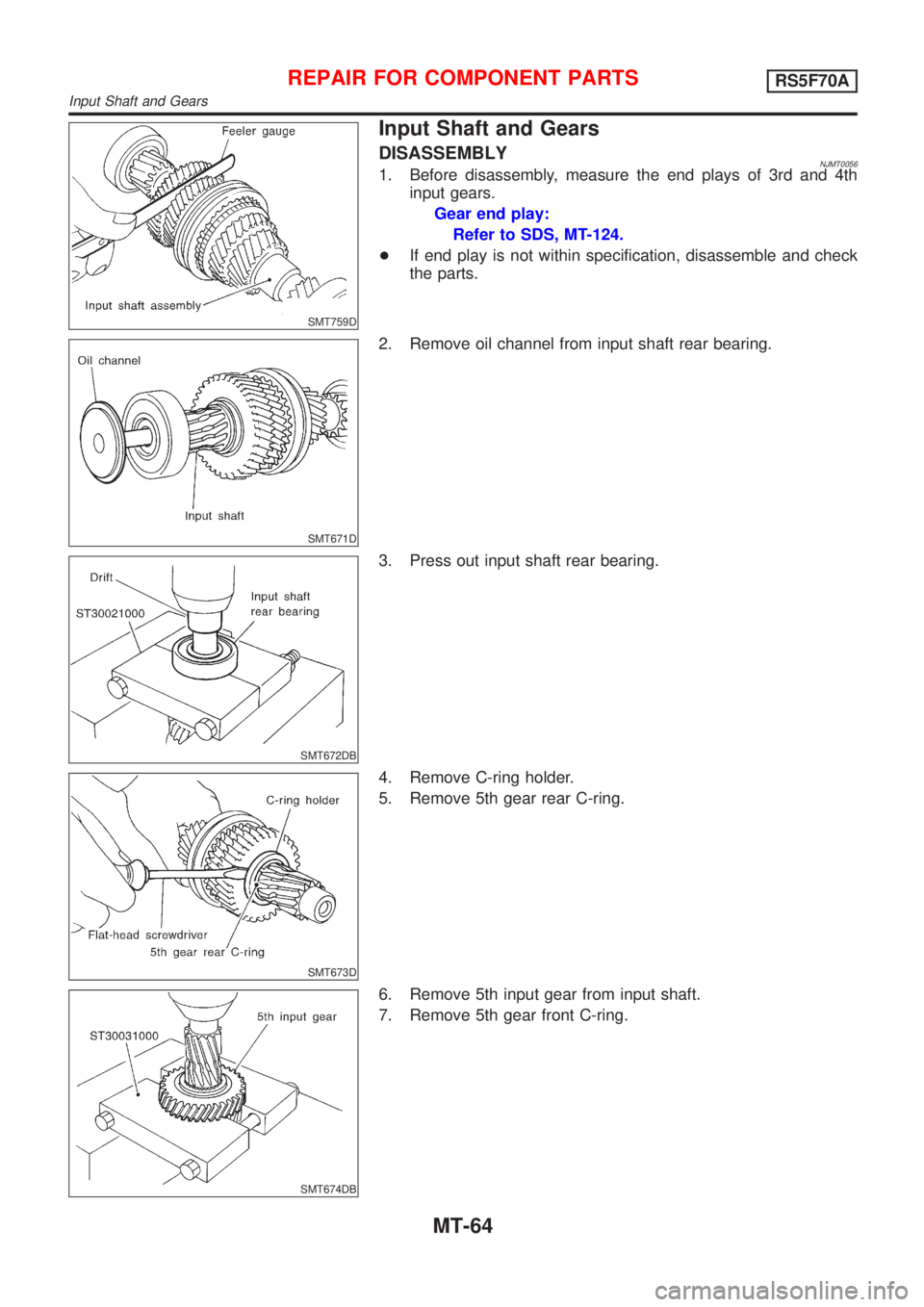NISSAN ALMERA 2001  Service Manual SMT759D
Input Shaft and Gears
DISASSEMBLYNJMT00561. Before disassembly, measure the end plays of 3rd and 4th
input gears.
Gear end play:
Refer to SDS, MT-124.
+If end play is not within specification,