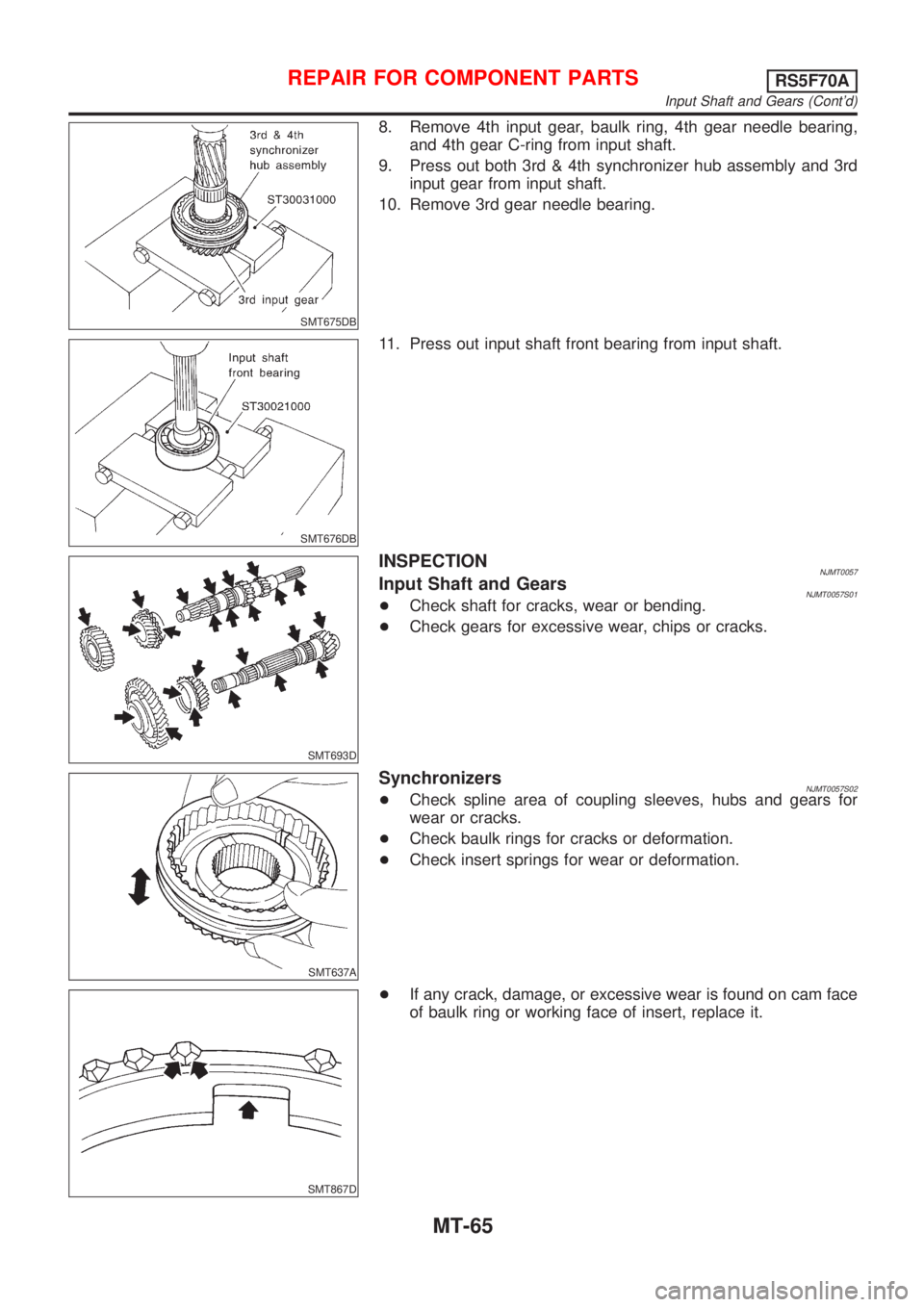 NISSAN ALMERA 2001  Service Manual SMT675DB
8. Remove 4th input gear, baulk ring, 4th gear needle bearing,
and 4th gear C-ring from input shaft.
9. Press out both 3rd & 4th synchronizer hub assembly and 3rd
input gear from input shaft.