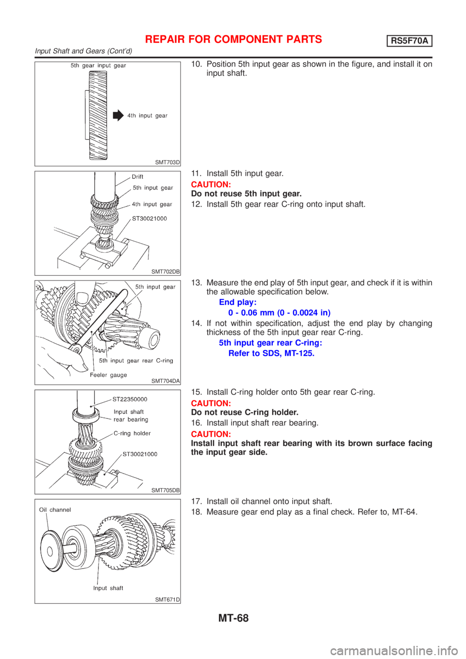 NISSAN ALMERA 2001  Service Manual SMT703D
10. Position 5th input gear as shown in the figure, and install it on
input shaft.
SMT702DB
11. Install 5th input gear.
CAUTION:
Do not reuse 5th input gear.
12. Install 5th gear rear C-ring o