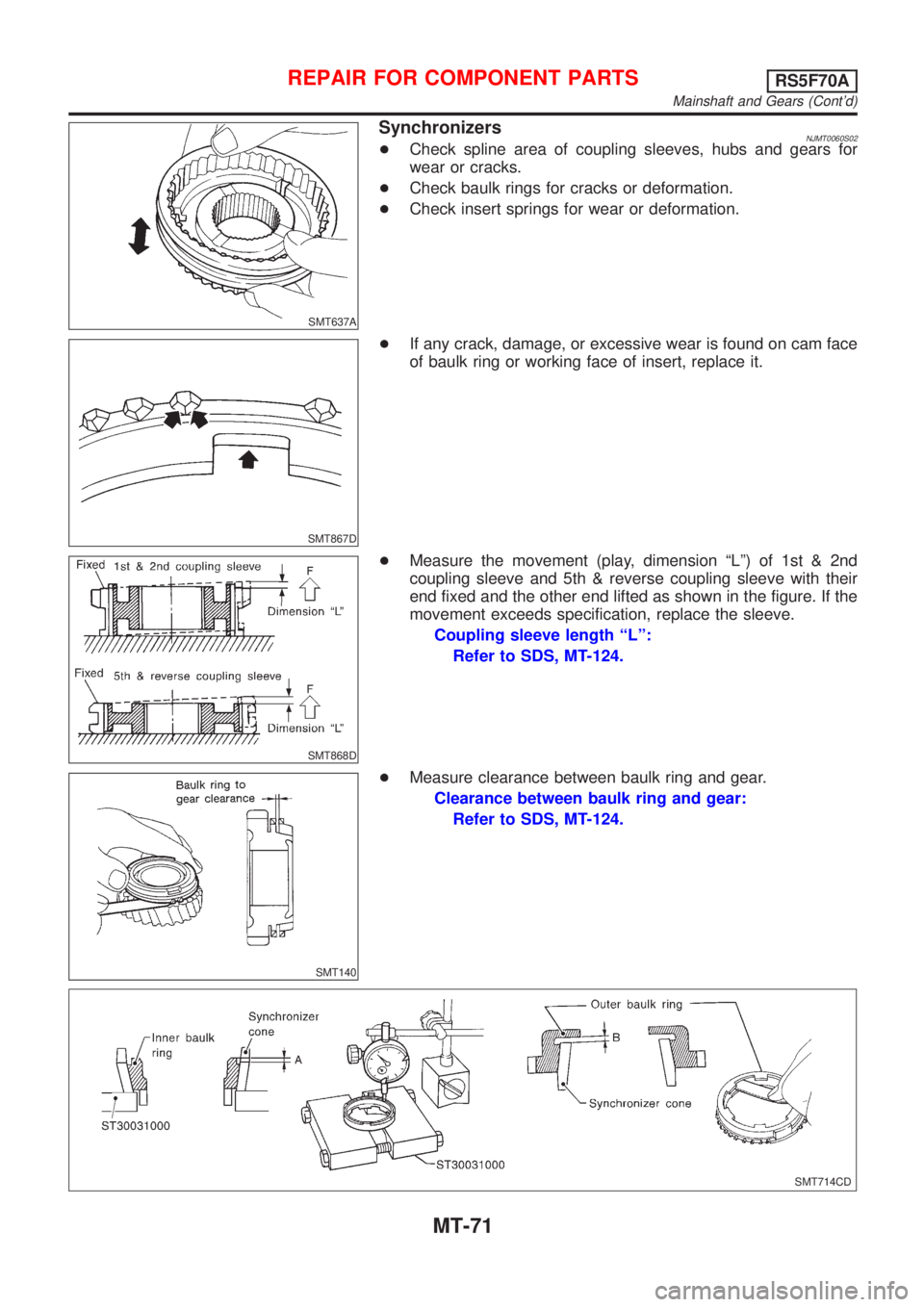 NISSAN ALMERA 2001 Service Manual SMT637A
SynchronizersNJMT0060S02+Check spline area of coupling sleeves, hubs and gears for
wear or cracks.
+Check baulk rings for cracks or deformation.
+Check insert springs for wear or deformation.
NISSAN ALMERA 2001 Service Manual SMT637A
SynchronizersNJMT0060S02+Check spline area of coupling sleeves, hubs and gears for
wear or cracks.
+Check baulk rings for cracks or deformation.
+Check insert springs for wear or deformation.