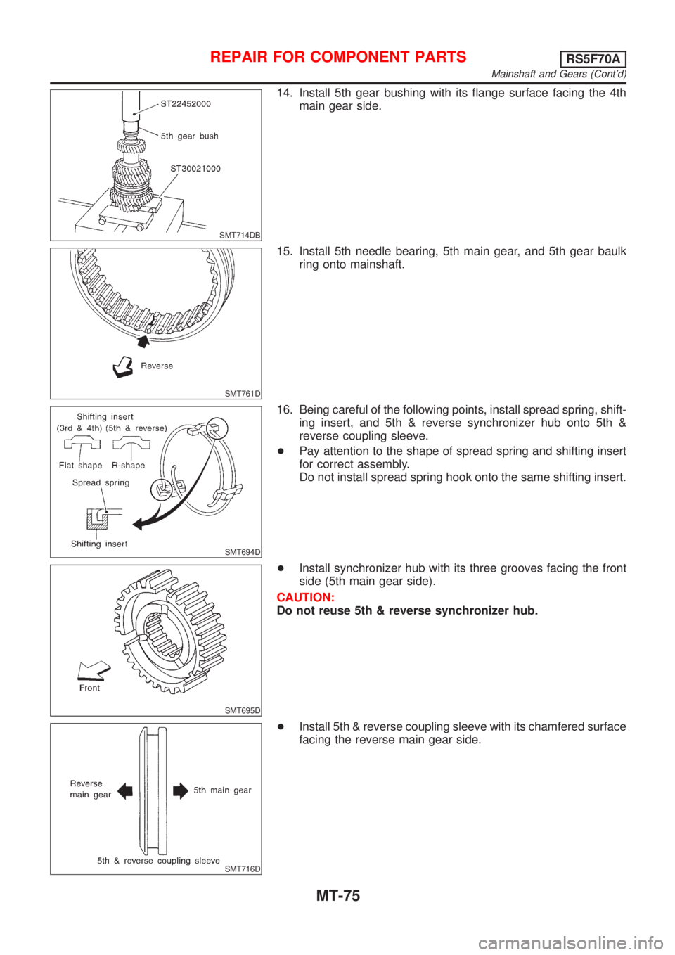 NISSAN ALMERA 2001 Service Manual SMT714DB
14. Install 5th gear bushing with its flange surface facing the 4th
main gear side.
SMT761D
15. Install 5th needle bearing, 5th main gear, and 5th gear baulk
ring onto mainshaft.
SMT694D
16. NISSAN ALMERA 2001 Service Manual SMT714DB
14. Install 5th gear bushing with its flange surface facing the 4th
main gear side.
SMT761D
15. Install 5th needle bearing, 5th main gear, and 5th gear baulk
ring onto mainshaft.
SMT694D
16.