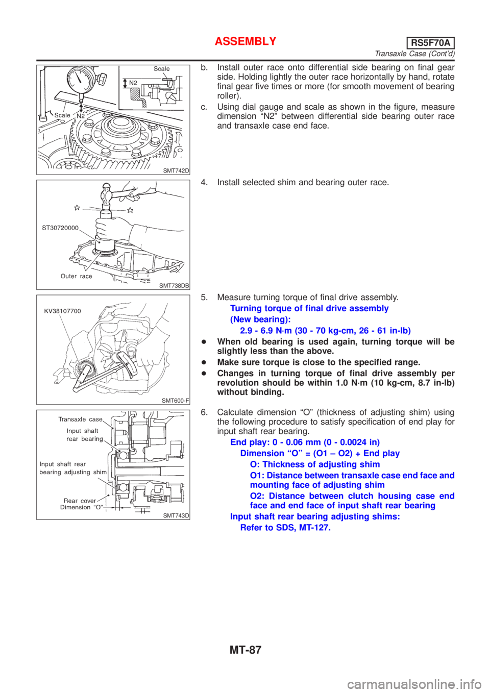 NISSAN ALMERA 2001  Service Manual SMT742D
b. Install outer race onto differential side bearing on final gear
side. Holding lightly the outer race horizontally by hand, rotate
final gear five times or more (for smooth movement of beari