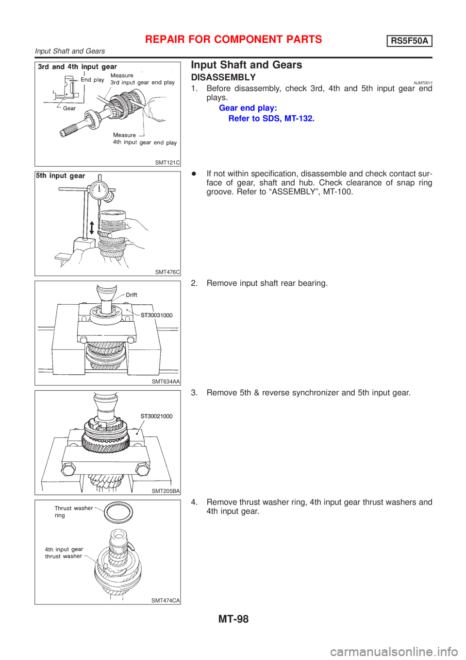 NISSAN ALMERA 2001  Service Manual SMT121C
Input Shaft and Gears
DISASSEMBLYNJMT00111. Before disassembly, check 3rd, 4th and 5th input gear end
plays.
Gear end play:
Refer to SDS, MT-132.
SMT476C
+If not within specification, disassem