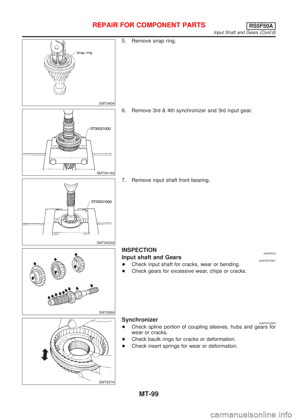 NISSAN ALMERA 2001  Service Manual SMT040A
5. Remove snap ring.
SMT041AA
6. Remove 3rd & 4th synchronizer and 3rd input gear.
SMT042AA
7. Remove input shaft front bearing.
SMT636A
INSPECTIONNJMT0012Input shaft and GearsNJMT0012S01+Chec