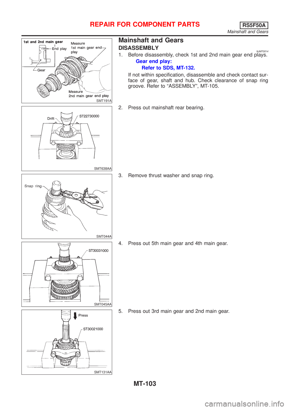 NISSAN ALMERA 2001  Service Manual SMT191A
Mainshaft and Gears
DISASSEMBLYNJMT00141. Before disassembly, check 1st and 2nd main gear end plays.
Gear end play:
Refer to SDS, MT-132.
If not within specification, disassemble and check con