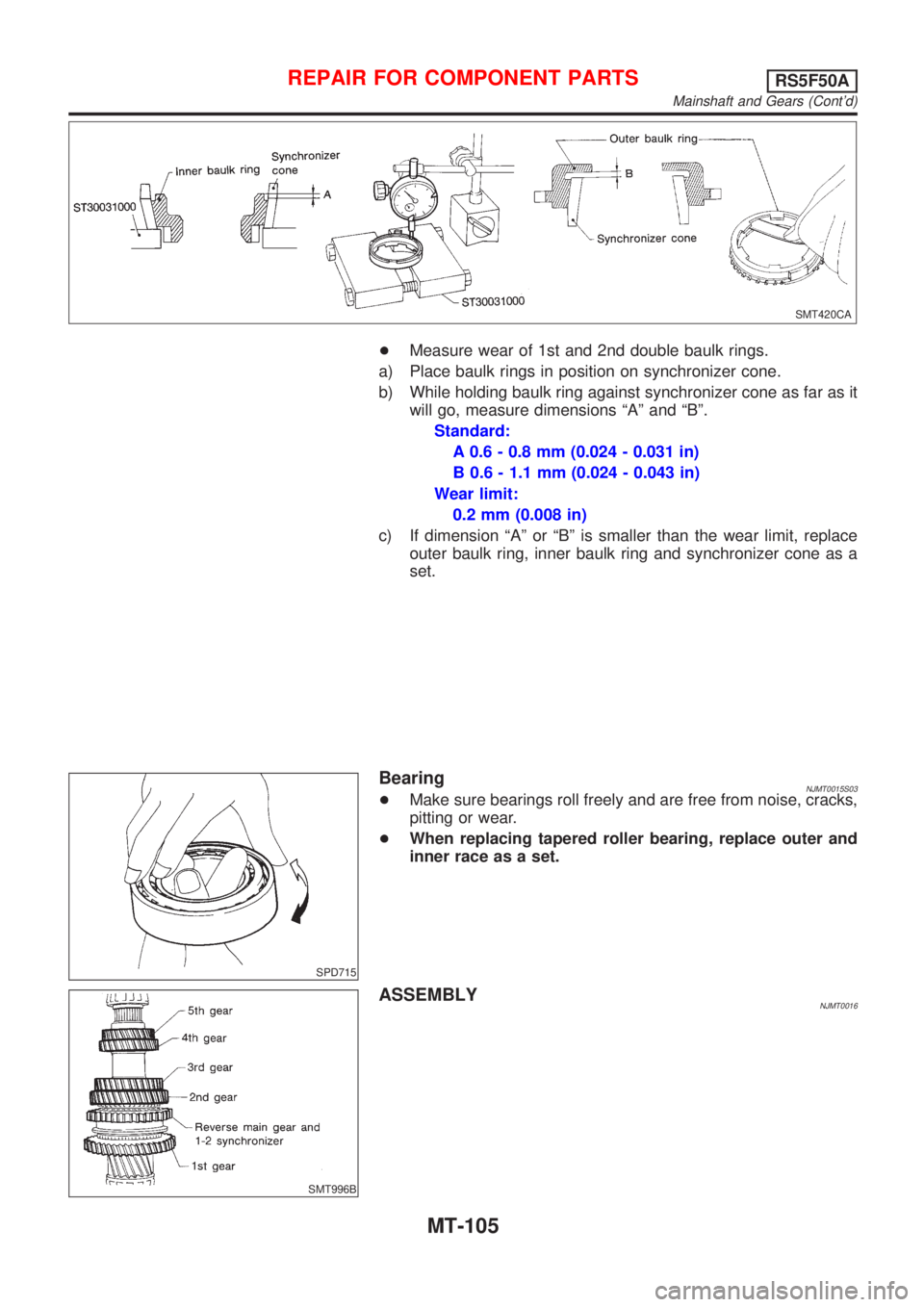 NISSAN ALMERA 2001  Service Manual SMT420CA
+Measure wear of 1st and 2nd double baulk rings.
a) Place baulk rings in position on synchronizer cone.
b) While holding baulk ring against synchronizer cone as far as it
will go, measure dim