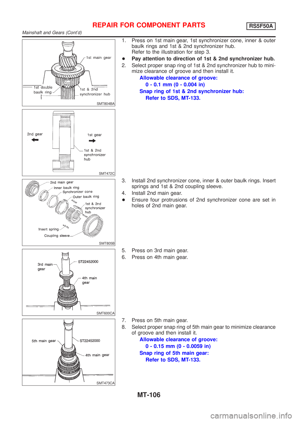 NISSAN ALMERA 2001  Service Manual SMT804BA
SMT472C
1. Press on 1st main gear, 1st synchronizer cone, inner & outer
baulk rings and 1st & 2nd synchronizer hub.
Refer to the illustration for step 3.
+Pay attention to direction of 1st & 