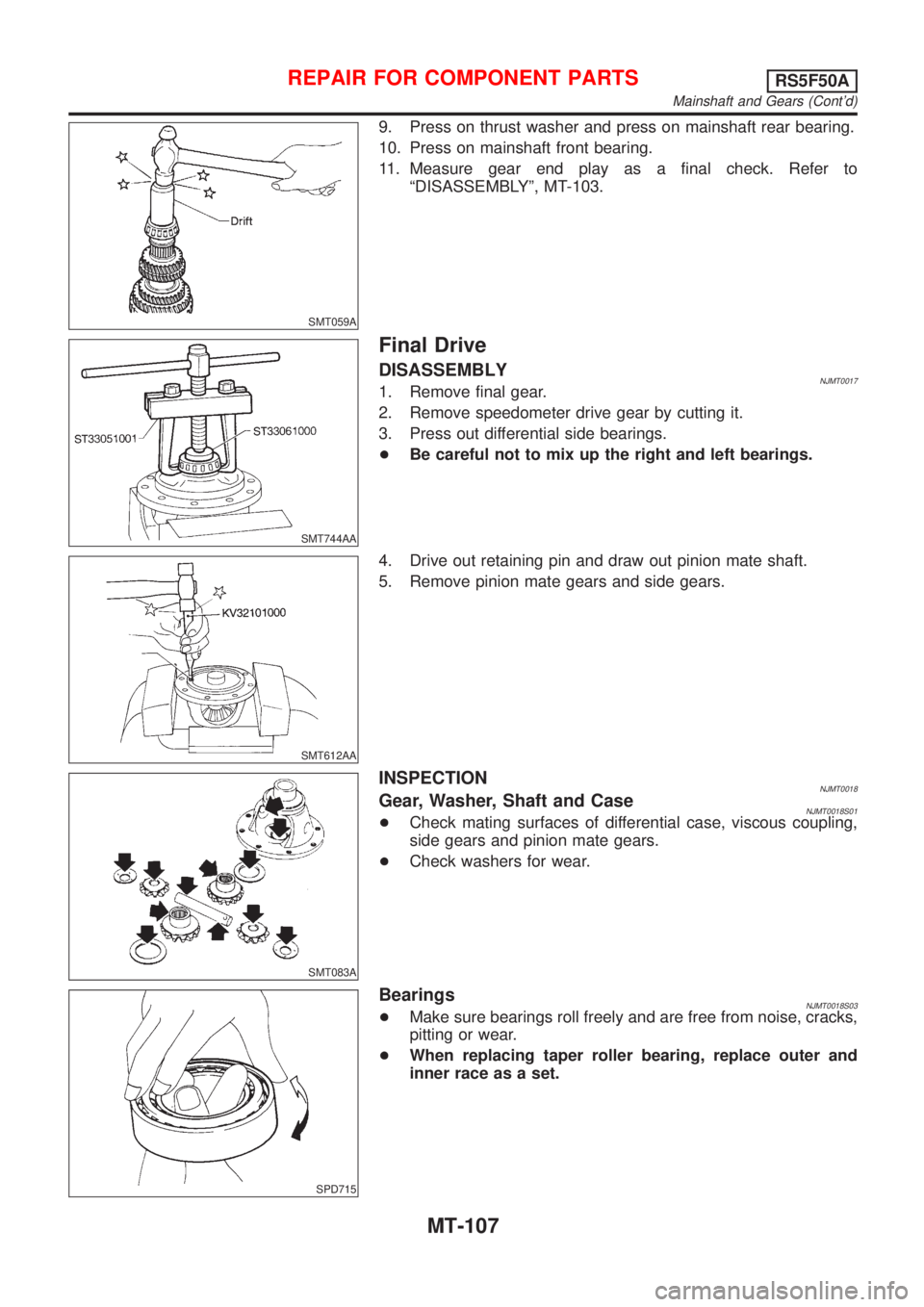 NISSAN ALMERA 2001  Service Manual SMT059A
9. Press on thrust washer and press on mainshaft rear bearing.
10. Press on mainshaft front bearing.
11. Measure gear end play as a final check. Refer to
ªDISASSEMBLYº, MT-103.
SMT744AA
Fina