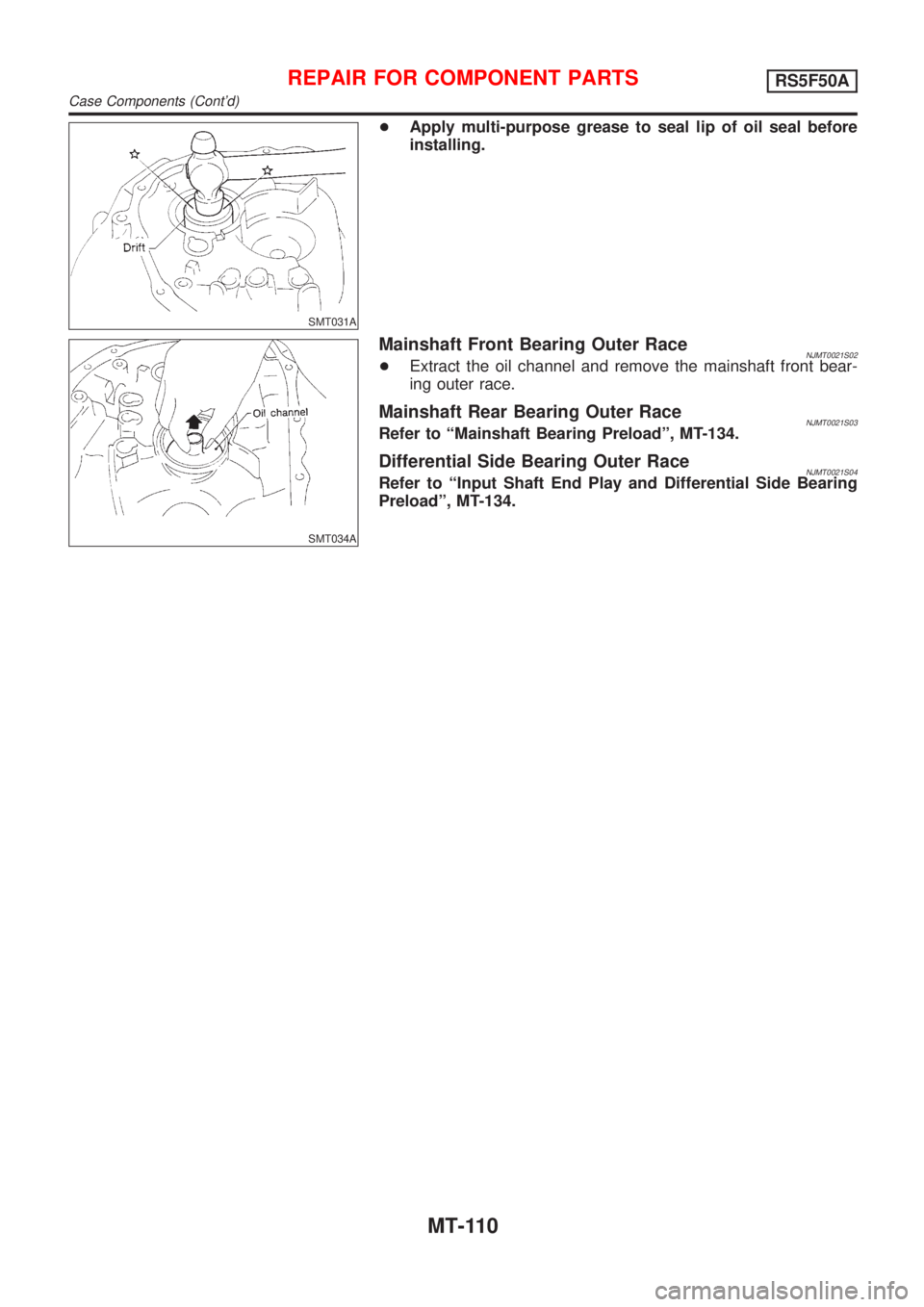 NISSAN ALMERA 2001  Service Manual SMT031A
+Apply multi-purpose grease to seal lip of oil seal before
installing.
SMT034A
Mainshaft Front Bearing Outer RaceNJMT0021S02+Extract the oil channel and remove the mainshaft front bear-
ing ou
