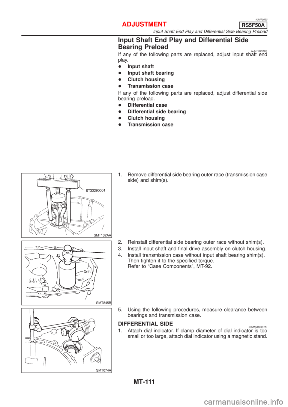 NISSAN ALMERA 2001  Service Manual NJMT0022
Input Shaft End Play and Differential Side
Bearing Preload
NJMT0022S01If any of the following parts are replaced, adjust input shaft end
play.
+Input shaft
+Input shaft bearing
+Clutch housin