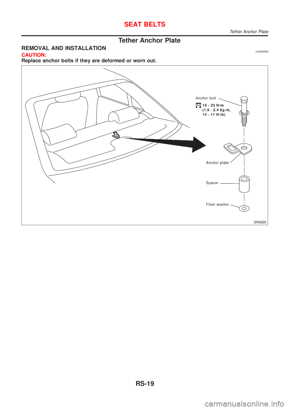 NISSAN ALMERA 2001  Service Manual Tether Anchor Plate
REMOVAL AND INSTALLATION=NJRS0062CAUTION:
Replace anchor bolts if they are deformed or worn out.
SRS820
SEAT BELTS
Tether Anchor Plate
RS-19 