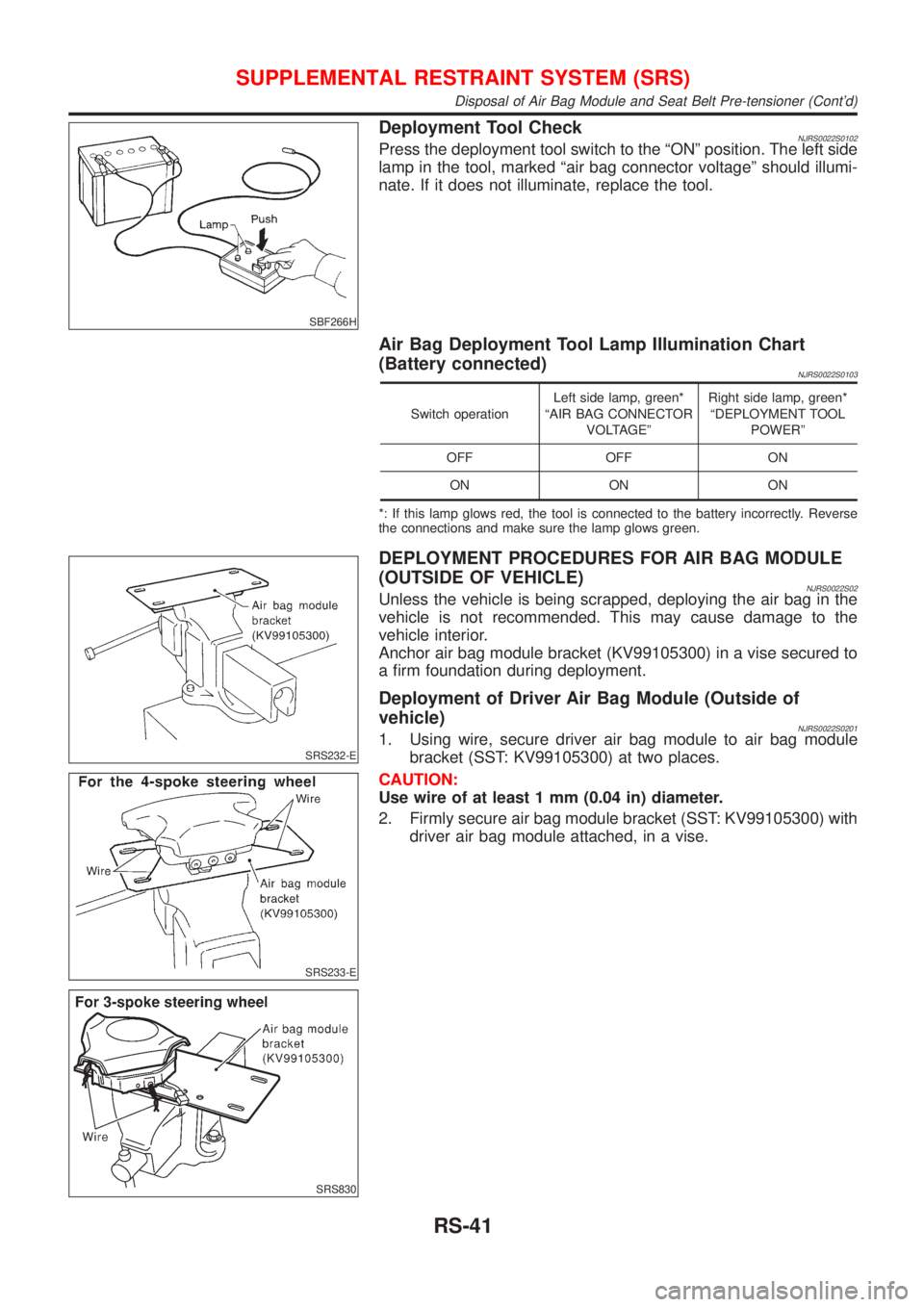 NISSAN ALMERA 2001  Service Manual SBF266H
Deployment Tool CheckNJRS0022S0102Press the deployment tool switch to the ªONº position. The left side
lamp in the tool, marked ªair bag connector voltageº should illumi-
nate. If it does 