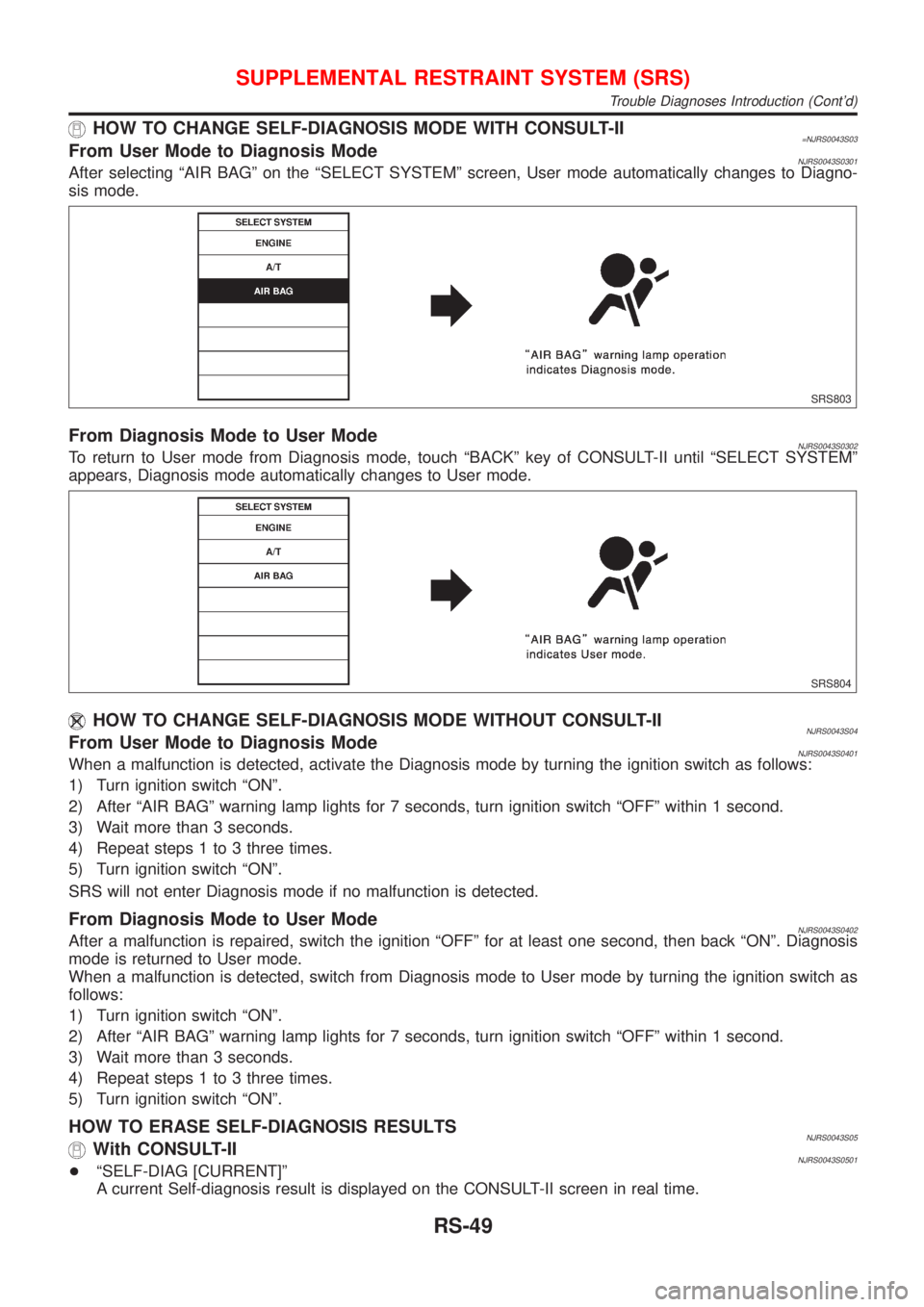 NISSAN ALMERA 2001 Service Manual HOW TO CHANGE SELF-DIAGNOSIS MODE WITH CONSULT-II=NJRS0043S03From User Mode to Diagnosis ModeNJRS0043S0301After selecting ªAIR BAGº on the ªSELECT SYSTEMº screen, User mode automatically changes t NISSAN ALMERA 2001 Service Manual HOW TO CHANGE SELF-DIAGNOSIS MODE WITH CONSULT-II=NJRS0043S03From User Mode to Diagnosis ModeNJRS0043S0301After selecting ªAIR BAGº on the ªSELECT SYSTEMº screen, User mode automatically changes t
