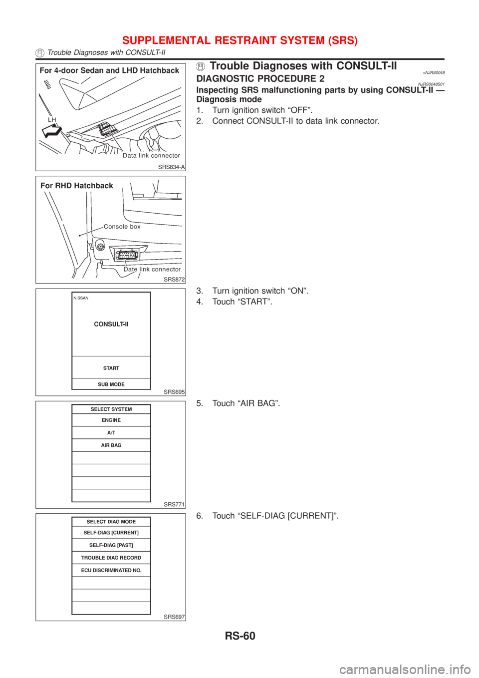 NISSAN ALMERA 2001  Service Manual SRS834-A
SRS872
Trouble Diagnoses with CONSULT-II=NJRS0048DIAGNOSTIC PROCEDURE 2NJRS0048S01Inspecting SRS malfunctioning parts by using CONSULT-II Ð
Diagnosis mode
1. Turn ignition switch ªOFFº.
2.