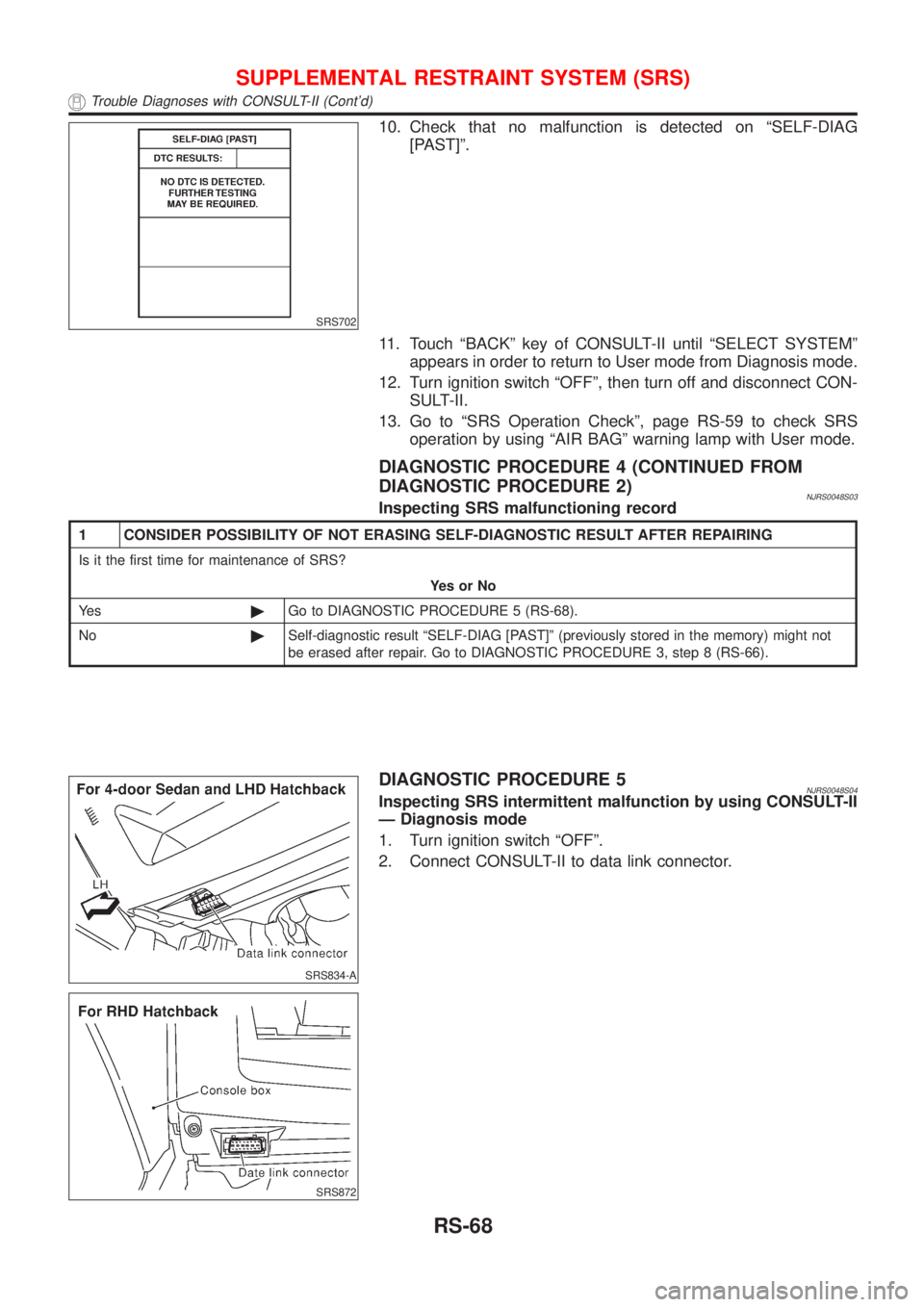 NISSAN ALMERA 2001  Service Manual SRS702
10. Check that no malfunction is detected on ªSELF-DIAG
[PAST]º.
11. Touch ªBACKº key of CONSULT-II until ªSELECT SYSTEMº
appears in order to return to User mode from Diagnosis mode.
12. 