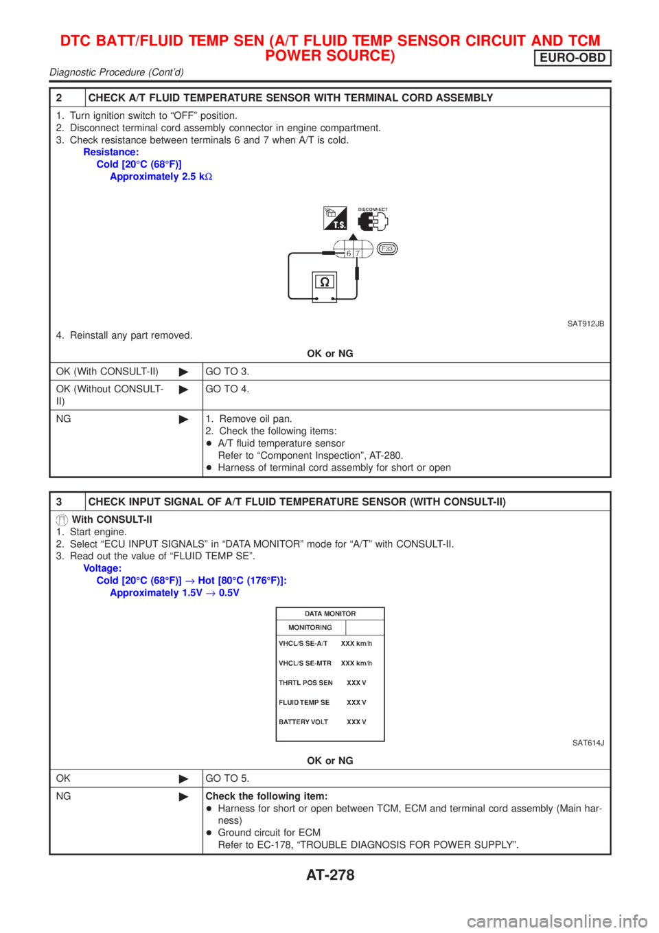 NISSAN ALMERA 2001  Service Manual 2 CHECK A/T FLUID TEMPERATURE SENSOR WITH TERMINAL CORD ASSEMBLY
1. Turn ignition switch to ªOFFº position.
2. Disconnect terminal cord assembly connector in engine compartment.
3. Check resistance 