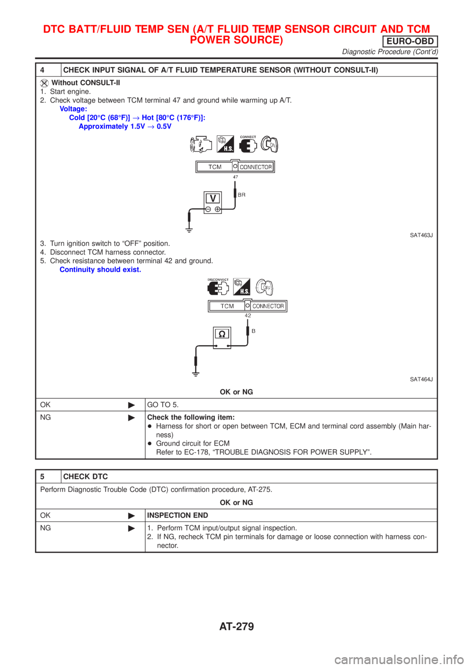 NISSAN ALMERA 2001 Service Manual 4 CHECK INPUT SIGNAL OF A/T FLUID TEMPERATURE SENSOR (WITHOUT CONSULT-II)
Without CONSULT-II
1. Start engine.
2. Check voltage between TCM terminal 47 and ground while warming up A/T.
Voltage:
Cold [2 NISSAN ALMERA 2001 Service Manual 4 CHECK INPUT SIGNAL OF A/T FLUID TEMPERATURE SENSOR (WITHOUT CONSULT-II)
Without CONSULT-II
1. Start engine.
2. Check voltage between TCM terminal 47 and ground while warming up A/T.
Voltage:
Cold [2