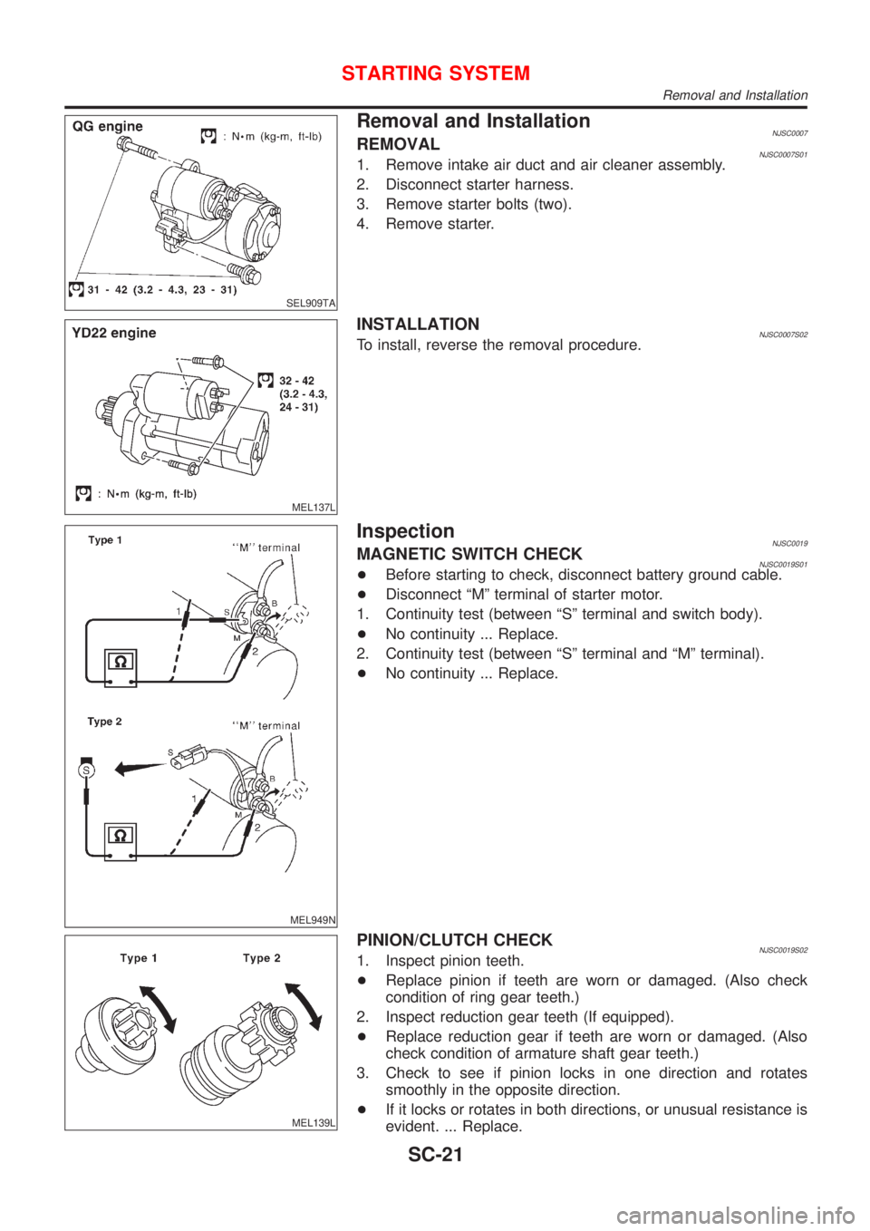NISSAN ALMERA 2001 Service Manual SEL909TA
Removal and InstallationNJSC0007REMOVALNJSC0007S011. Remove intake air duct and air cleaner assembly.
2. Disconnect starter harness.
3. Remove starter bolts (two).
4. Remove starter.
MEL137L
NISSAN ALMERA 2001 Service Manual SEL909TA
Removal and InstallationNJSC0007REMOVALNJSC0007S011. Remove intake air duct and air cleaner assembly.
2. Disconnect starter harness.
3. Remove starter bolts (two).
4. Remove starter.
MEL137L