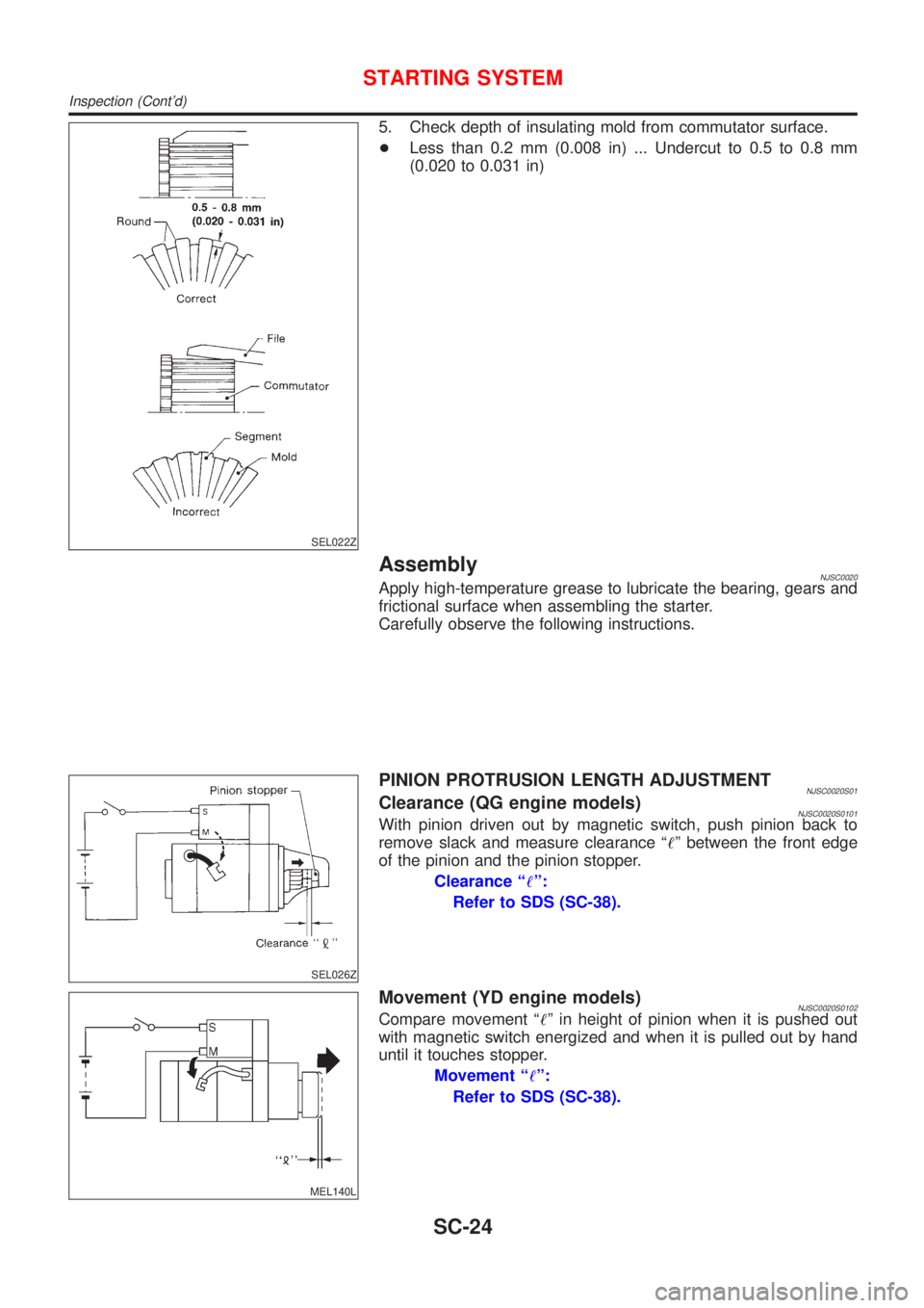 NISSAN ALMERA 2001  Service Manual SEL022Z
5. Check depth of insulating mold from commutator surface.
+Less than 0.2 mm (0.008 in) ... Undercut to 0.5 to 0.8 mm
(0.020 to 0.031 in)
AssemblyNJSC0020Apply high-temperature grease to lubri