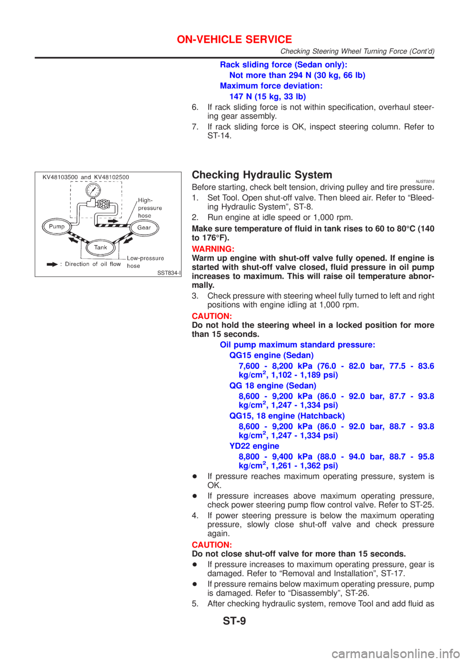 NISSAN ALMERA 2001  Service Manual Rack sliding force (Sedan only):
Not more than 294 N (30 kg, 66 lb)
Maximum force deviation:
147 N (15 kg, 33 lb)
6. If rack sliding force is not within specification, overhaul steer-
ing gear assembl
