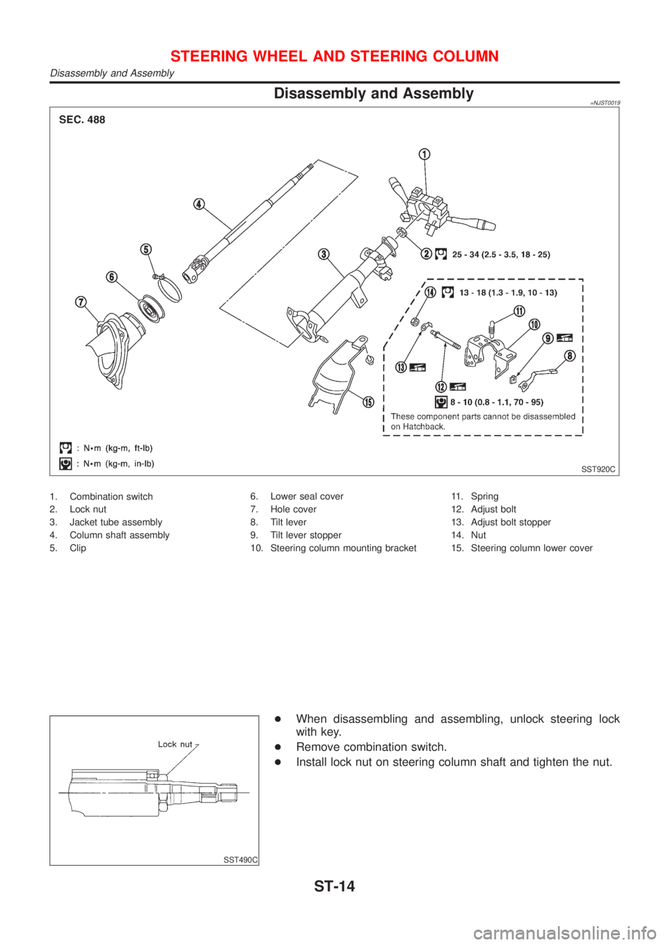 NISSAN ALMERA 2001  Service Manual Disassembly and Assembly=NJST0019
SST920C
1. Combination switch
2. Lock nut
3. Jacket tube assembly
4. Column shaft assembly
5. Clip6. Lower seal cover
7. Hole cover
8. Tilt lever
9. Tilt lever stoppe