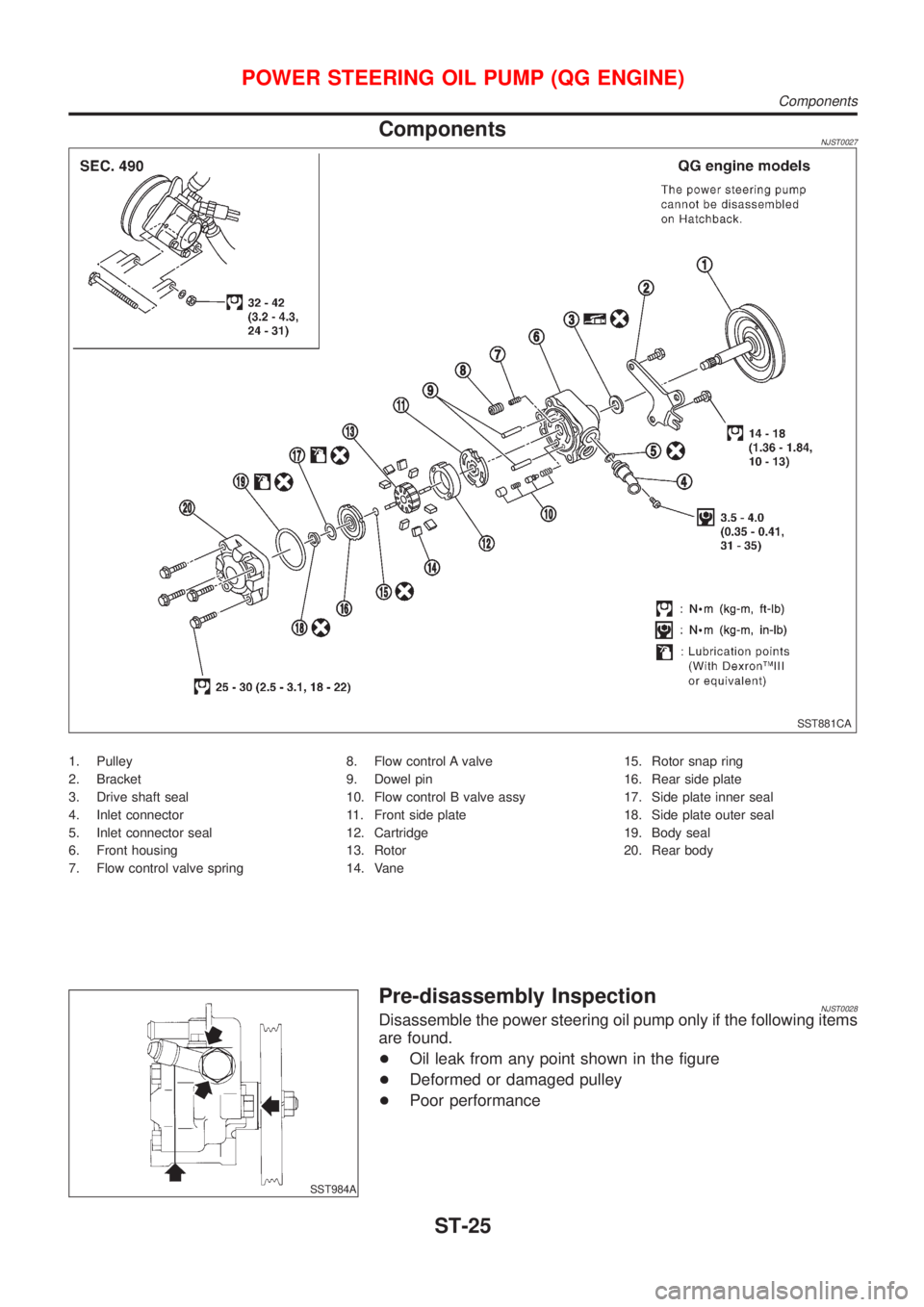NISSAN ALMERA 2001  Service Manual ComponentsNJST0027
SST881CA
1. Pulley
2. Bracket
3. Drive shaft seal
4. Inlet connector
5. Inlet connector seal
6. Front housing
7. Flow control valve spring8. Flow control A valve
9. Dowel pin
10. Fl