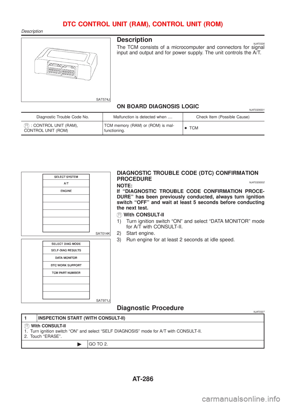 NISSAN ALMERA 2001 Service Manual SAT574J
DescriptionNJAT0326The TCM consists of a microcomputer and connectors for signal
input and output and for power supply. The unit controls the A/T.
ON BOARD DIAGNOSIS LOGICNJAT0326S01
Diagnosti NISSAN ALMERA 2001 Service Manual SAT574J
DescriptionNJAT0326The TCM consists of a microcomputer and connectors for signal
input and output and for power supply. The unit controls the A/T.
ON BOARD DIAGNOSIS LOGICNJAT0326S01
Diagnosti