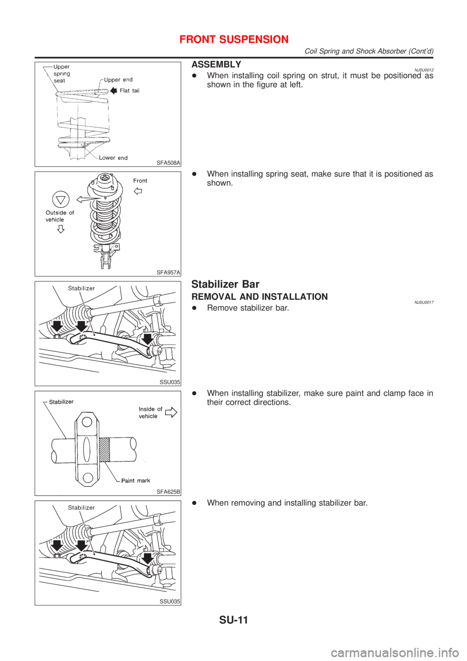 NISSAN ALMERA 2001  Service Manual SFA508A
ASSEMBLYNJSU0012+When installing coil spring on strut, it must be positioned as
shown in the figure at left.
SFA957A
+When installing spring seat, make sure that it is positioned as
shown.
SSU