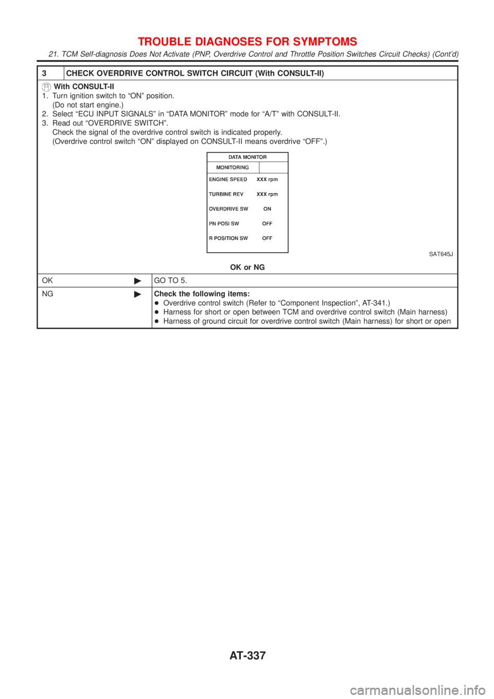 NISSAN ALMERA 2001 Service Manual 3 CHECK OVERDRIVE CONTROL SWITCH CIRCUIT (With CONSULT-II)
With CONSULT-II
1. Turn ignition switch to ªONº position.
(Do not start engine.)
2. Select ªECU INPUT SIGNALSº in ªDATA MONITORº mode f NISSAN ALMERA 2001 Service Manual 3 CHECK OVERDRIVE CONTROL SWITCH CIRCUIT (With CONSULT-II)
With CONSULT-II
1. Turn ignition switch to ªONº position.
(Do not start engine.)
2. Select ªECU INPUT SIGNALSº in ªDATA MONITORº mode f