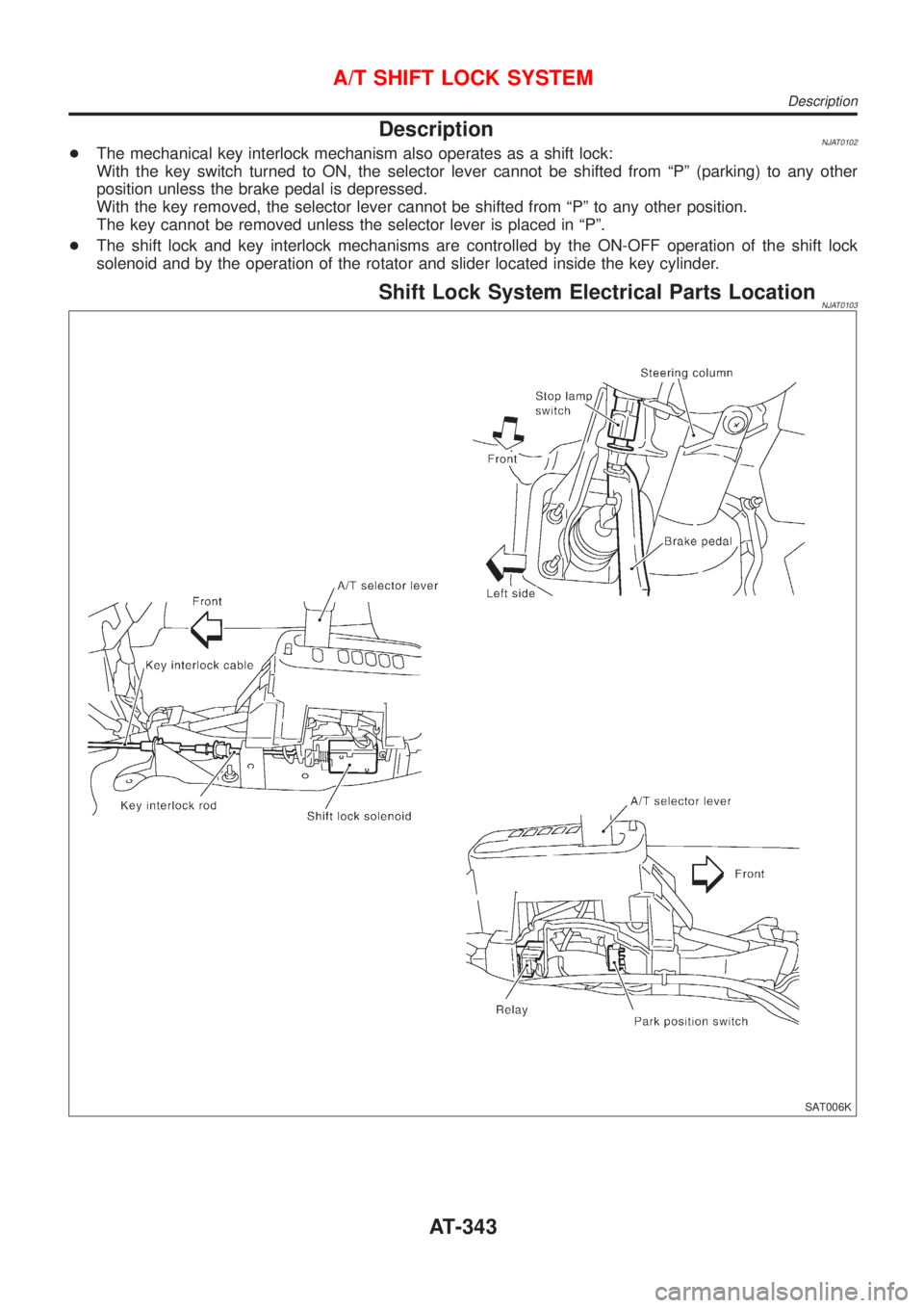 NISSAN ALMERA 2001 Service Manual DescriptionNJAT0102+The mechanical key interlock mechanism also operates as a shift lock:
With the key switch turned to ON, the selector lever cannot be shifted from ªPº (parking) to any other
posit NISSAN ALMERA 2001 Service Manual DescriptionNJAT0102+The mechanical key interlock mechanism also operates as a shift lock:
With the key switch turned to ON, the selector lever cannot be shifted from ªPº (parking) to any other
posit