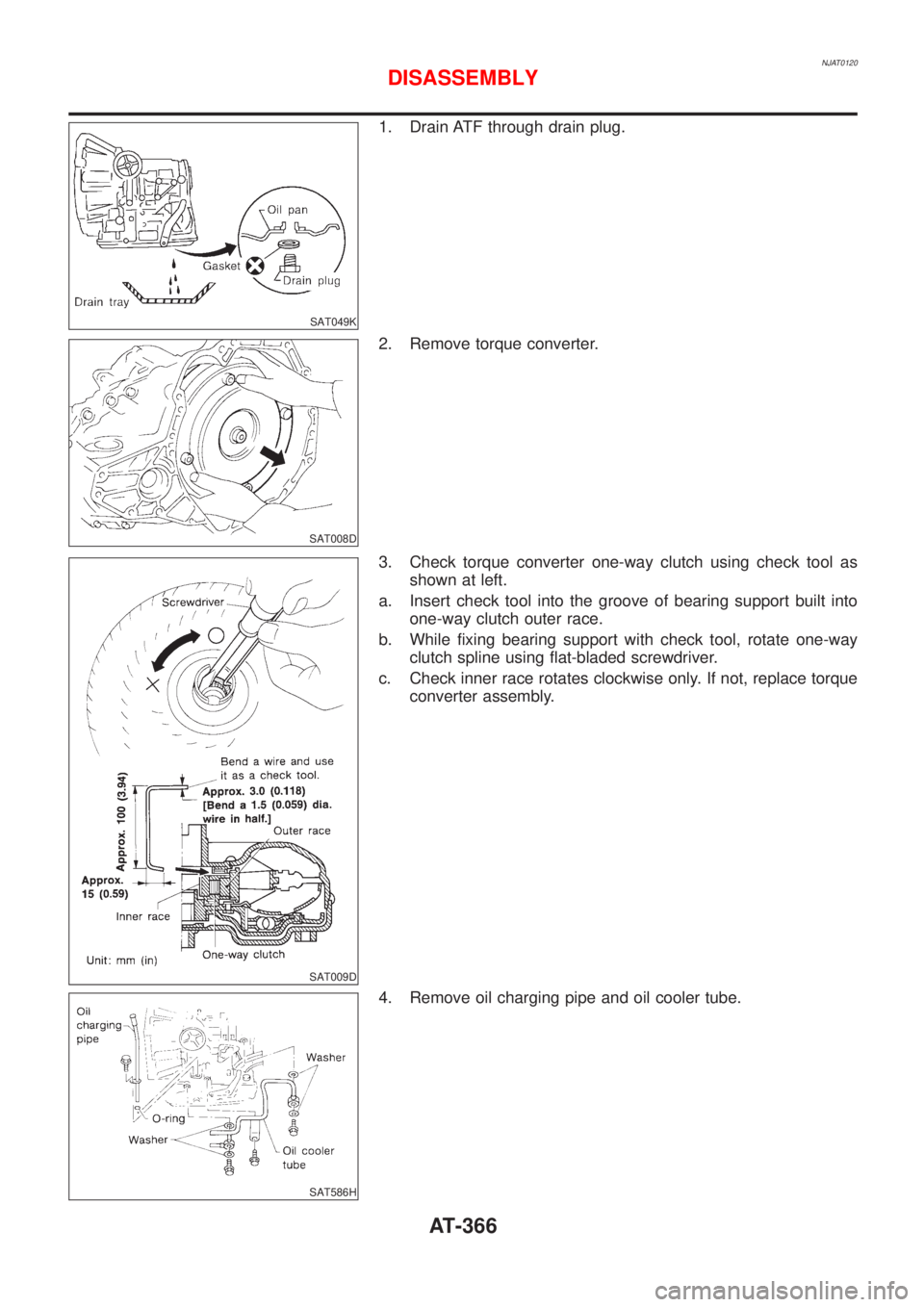 NISSAN ALMERA 2001  Service Manual NJAT0120
SAT049K
1. Drain ATF through drain plug.
SAT008D
2. Remove torque converter.
SAT009D
3. Check torque converter one-way clutch using check tool as
shown at left.
a. Insert check tool into the 