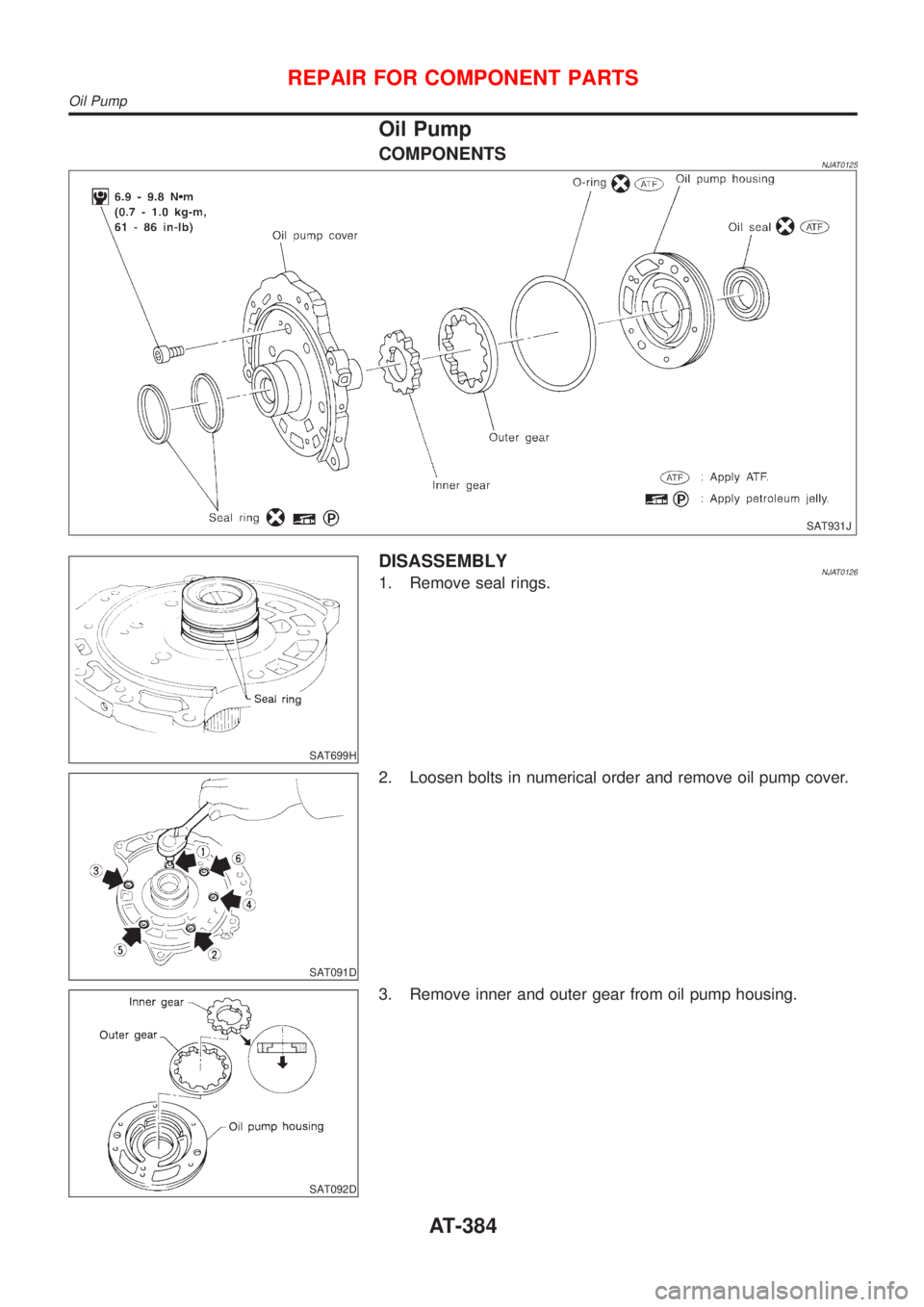 NISSAN ALMERA 2001  Service Manual Oil Pump
COMPONENTSNJAT0125
SAT931J
SAT699H
DISASSEMBLYNJAT01261. Remove seal rings.
SAT091D
2. Loosen bolts in numerical order and remove oil pump cover.
SAT092D
3. Remove inner and outer gear from o
