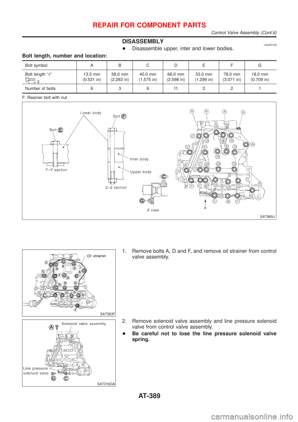 NISSAN ALMERA 2001  Service Manual DISASSEMBLY=NJAT0130+Disassemble upper, inter and lower bodies.
Bolt length, number and location:
Bolt symbol A B C D E F G
Bolt length ª!º
13.5 mm
(0.531 in)58.0 mm
(2.283 in)40.0 mm
(1.575 in)66.0