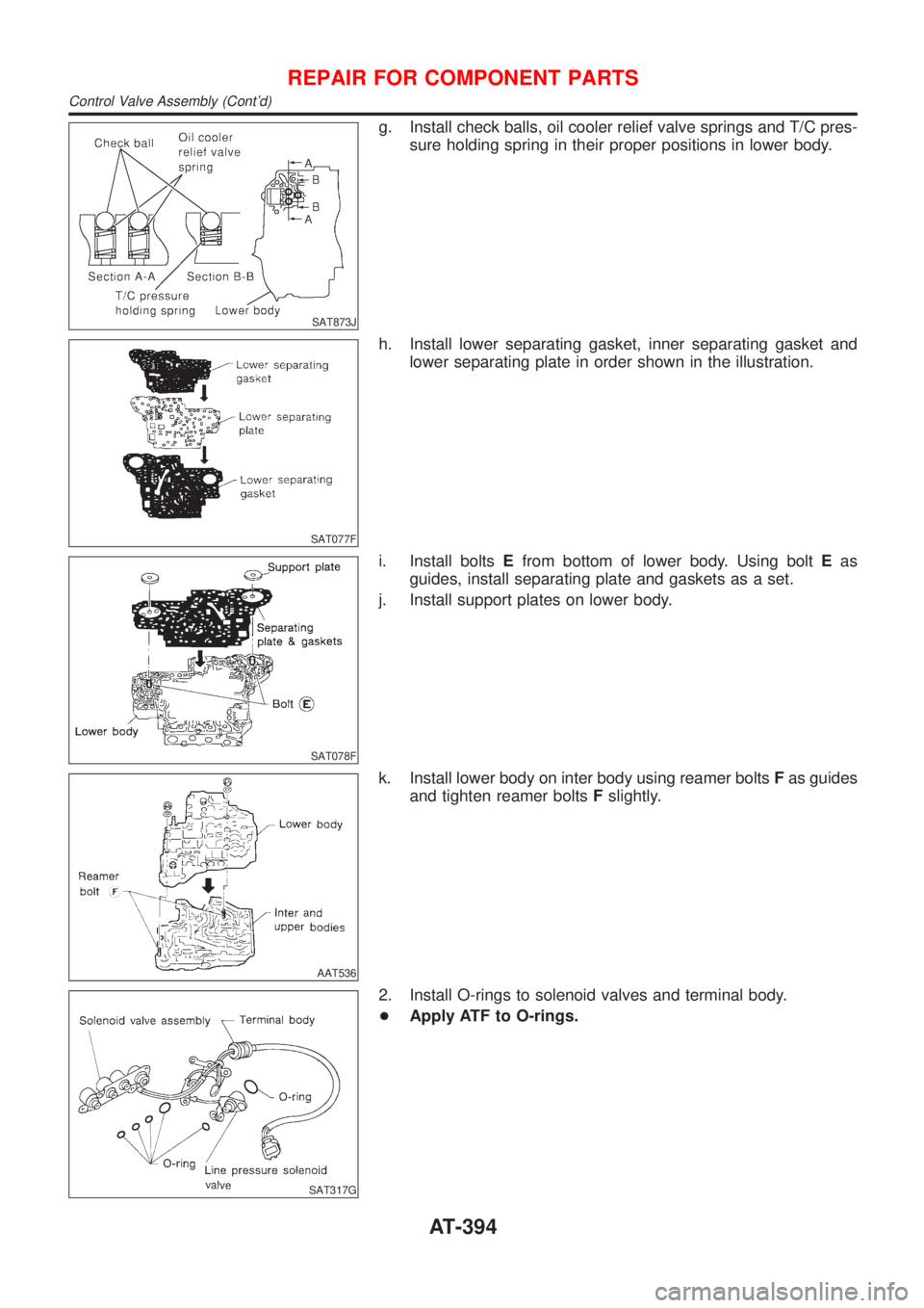 NISSAN ALMERA 2001  Service Manual SAT873J
g. Install check balls, oil cooler relief valve springs and T/C pres-
sure holding spring in their proper positions in lower body.
SAT077F
h. Install lower separating gasket, inner separating 